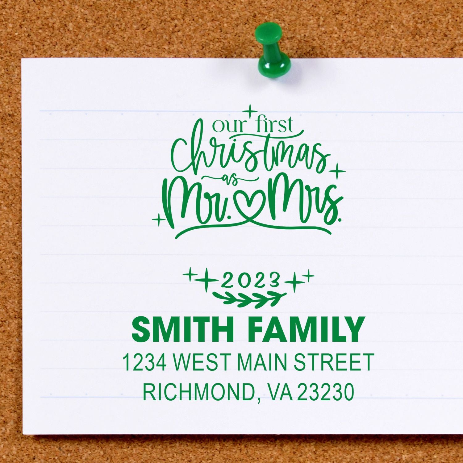 Custom Christmas rubber stamp with Our First Christmas as Mr. & Mrs. and personalized family return address.