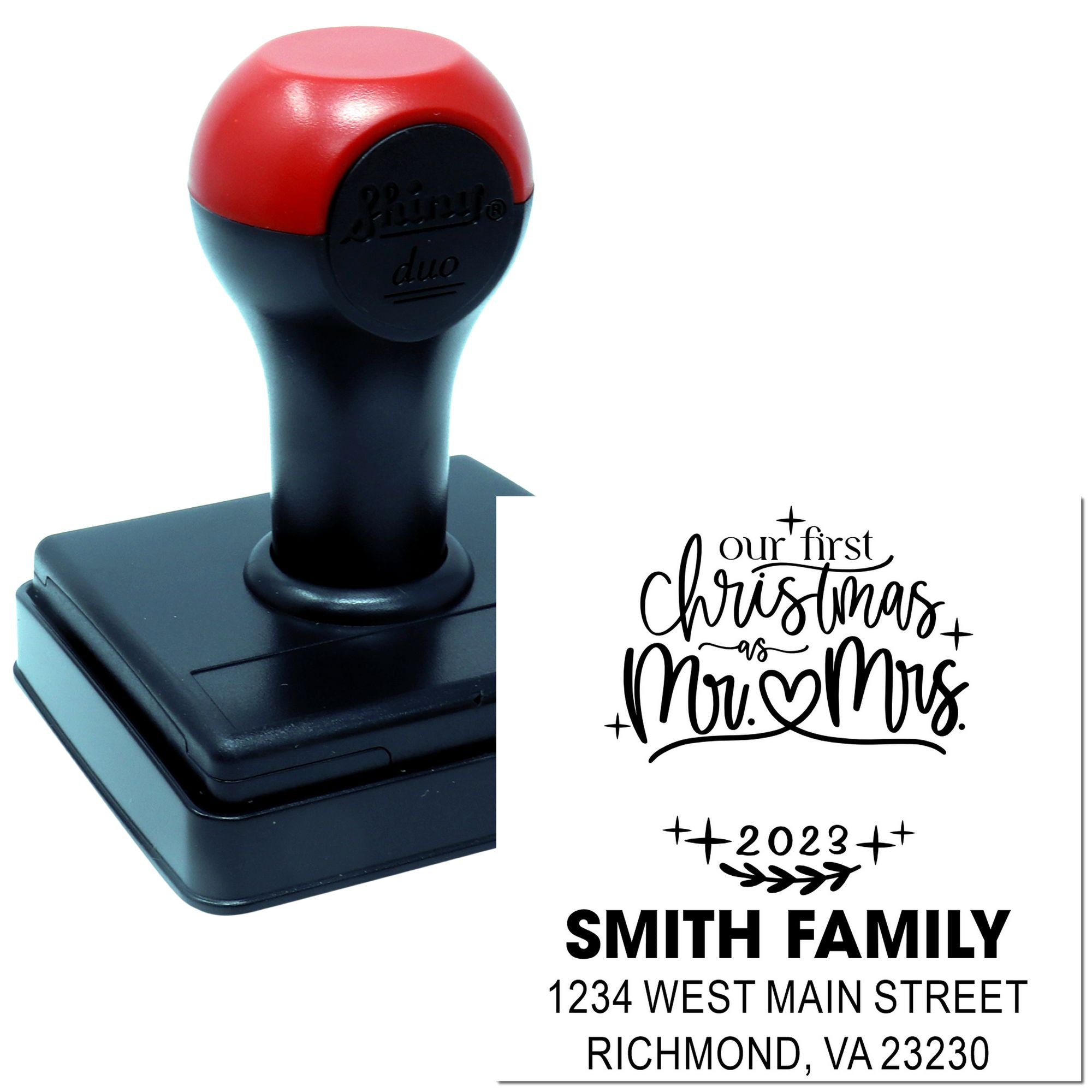 Custom self-inking rubber stamp with Our First Christmas as Mr. & Mrs. design and personalized family address imprint.