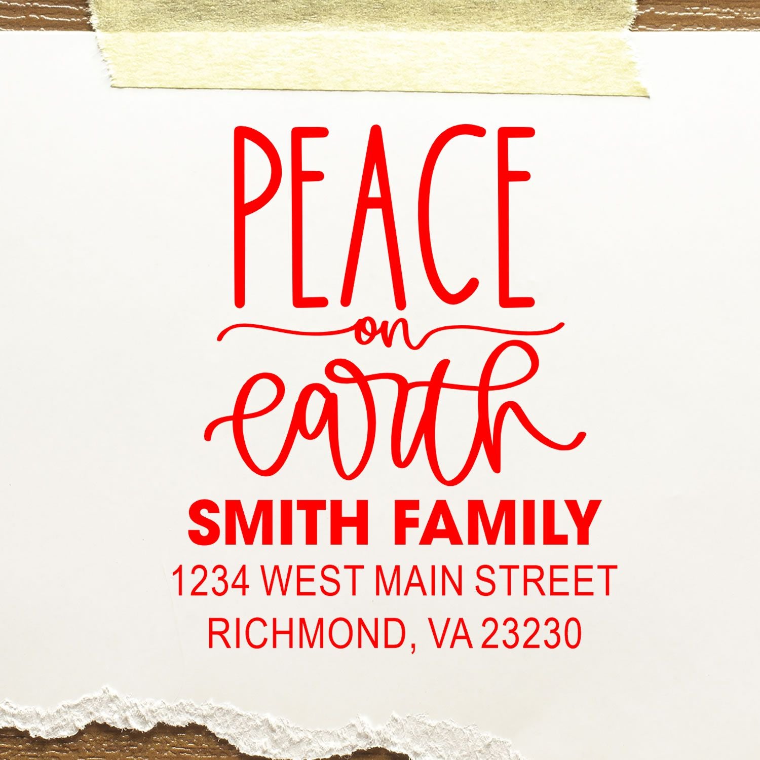 Custom Peace on Earth return address rubber stamp for holiday cards, featuring Smith Family name and Richmond, VA address.