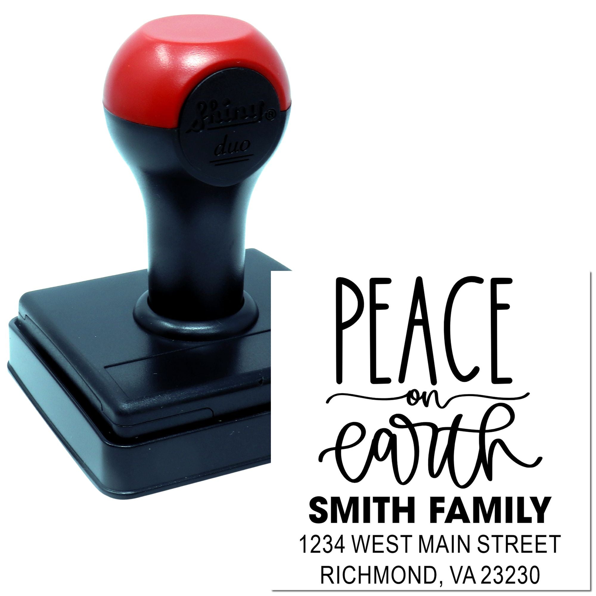 Custom self-inking rubber stamp with Peace on Earth return address design for Smith Family, Richmond, VA.