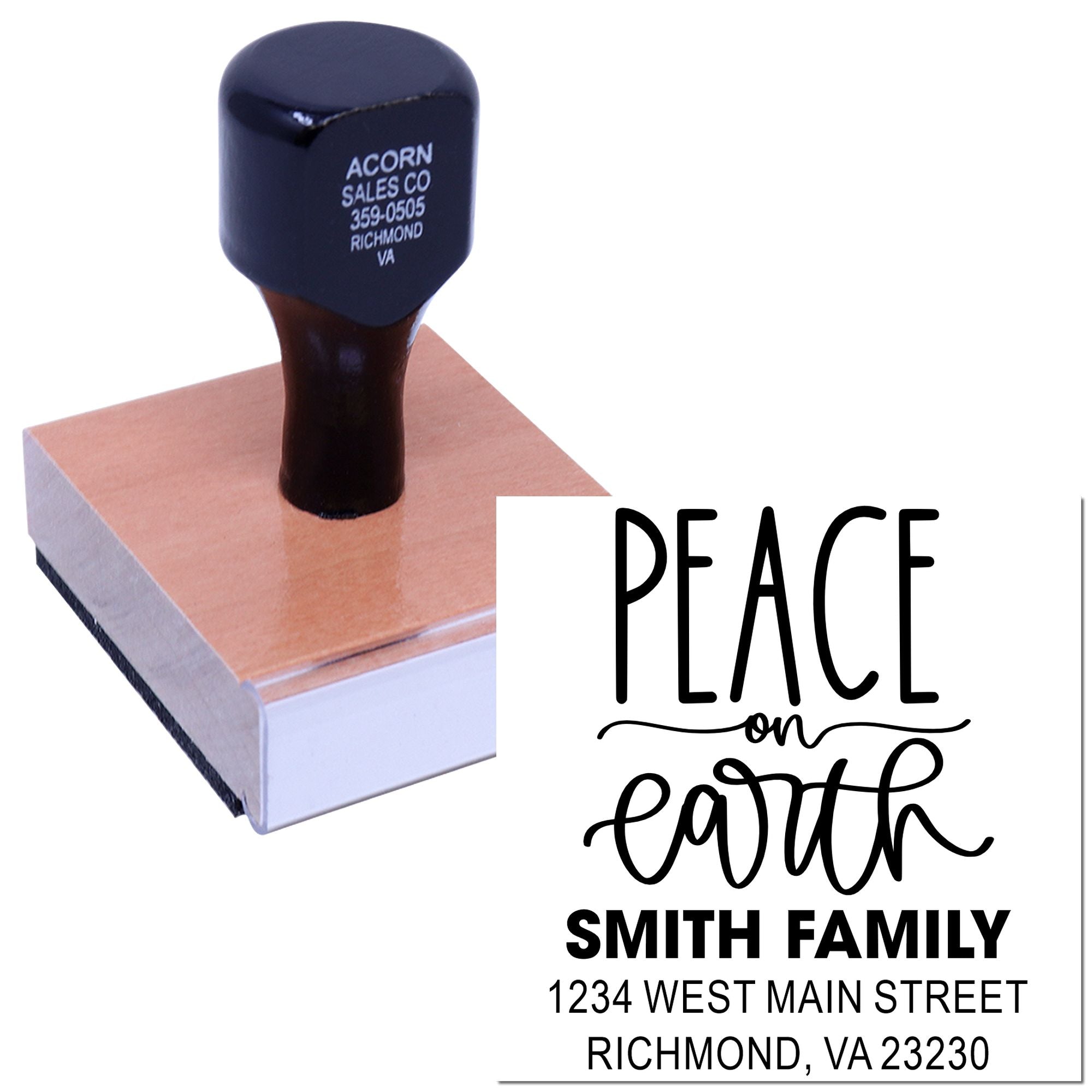 Custom Peace on Earth family address rubber stamp for holiday cards, envelopes, and return mail