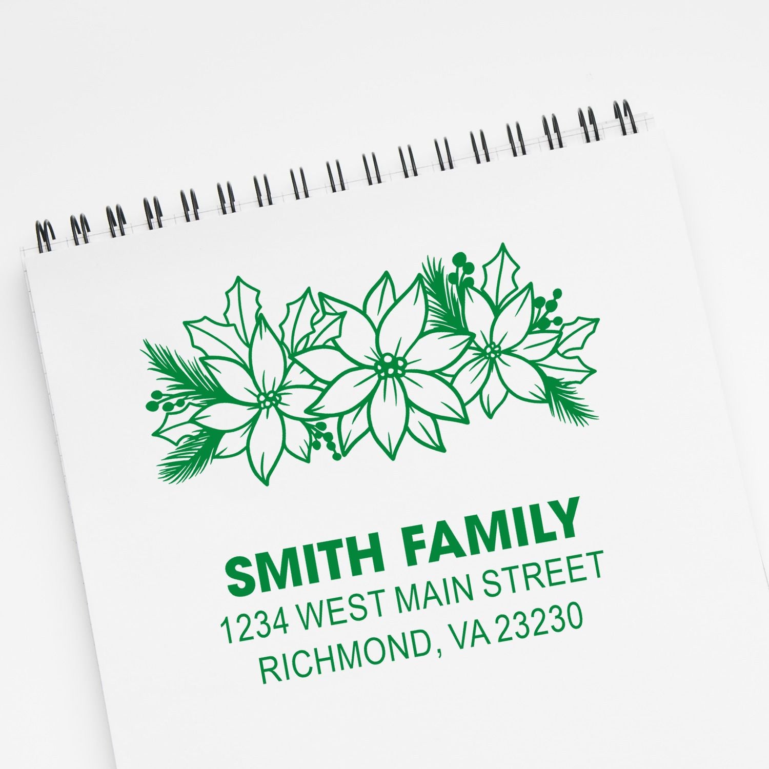 Custom rubber address stamp with holiday floral design for family return mail and envelopes