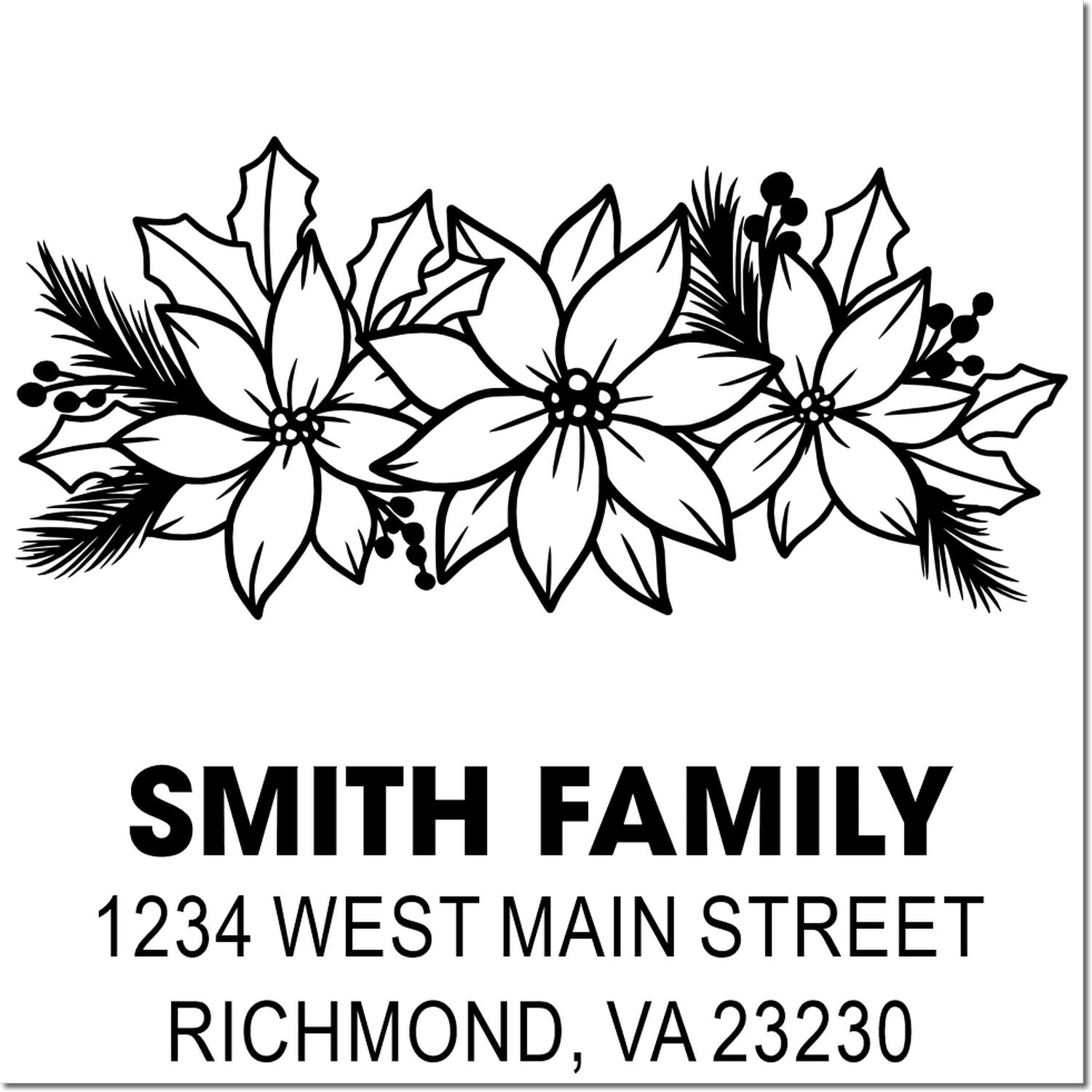 Personalized return address rubber stamp with festive floral border, Smith Family name, and Richmond, VA address.