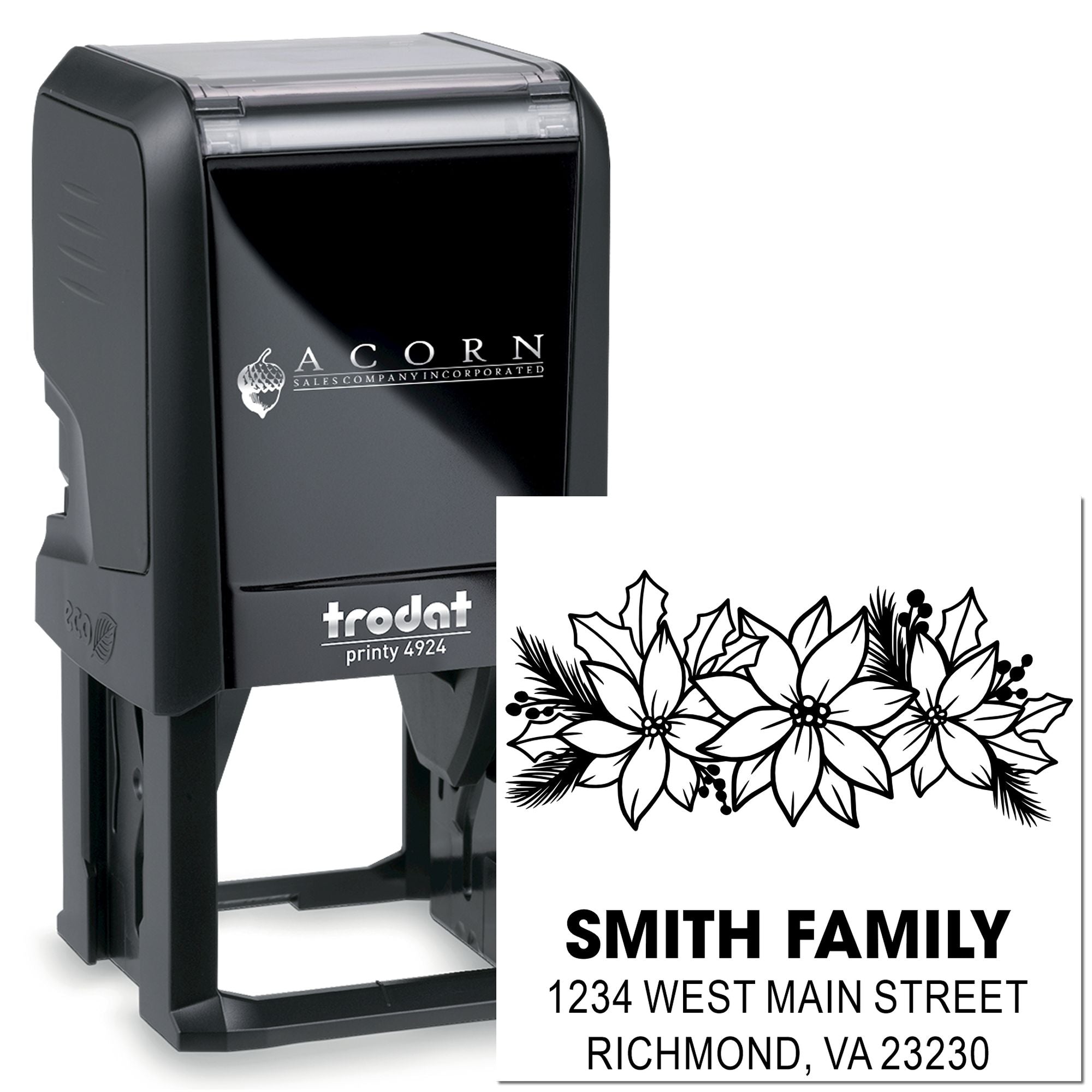 Custom self-inking return address rubber stamp with floral holiday design for Smith Family, Richmond, VA 23230.