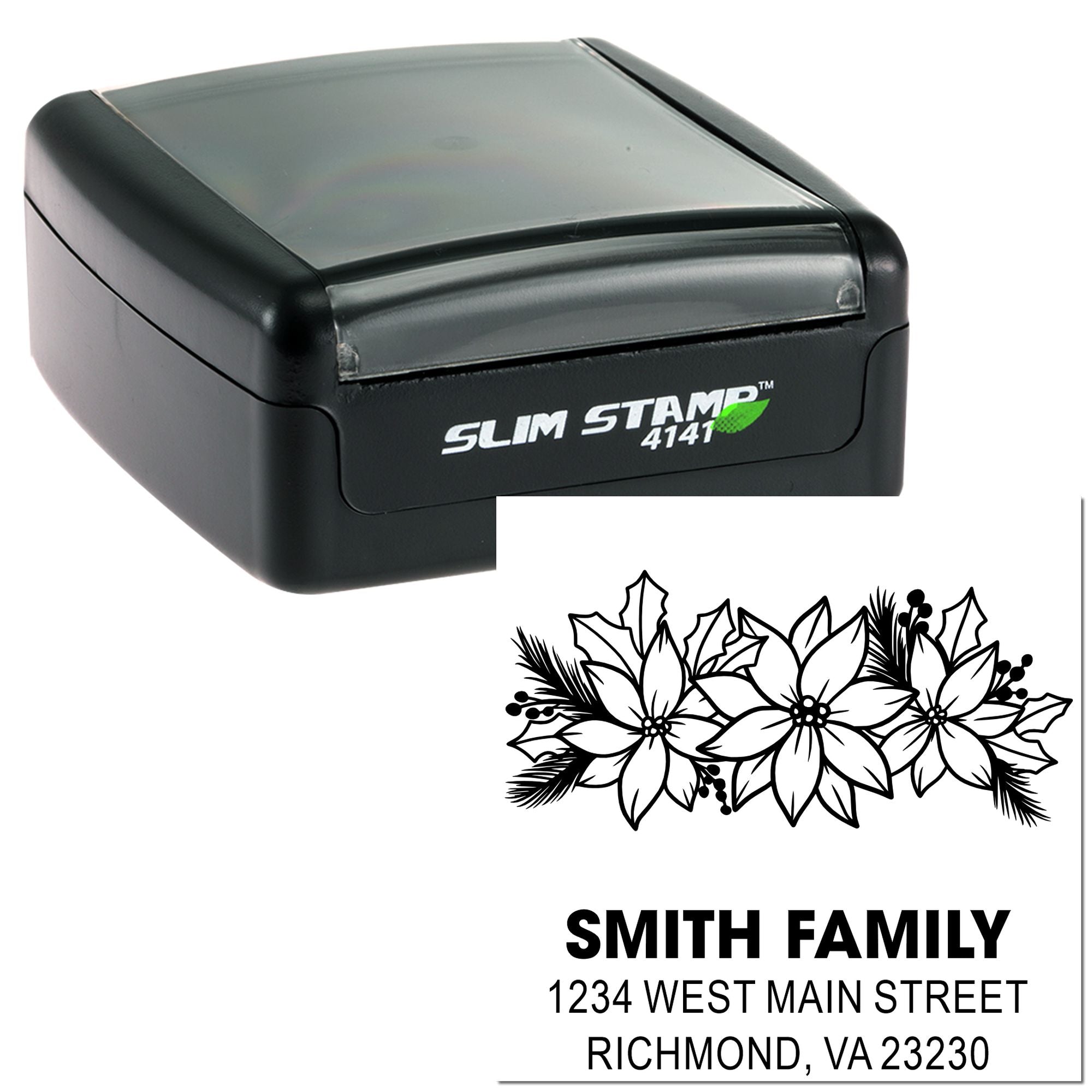Slim Stamp 4141 self-inking custom address rubber stamp with floral design for Smith Family, Richmond, VA