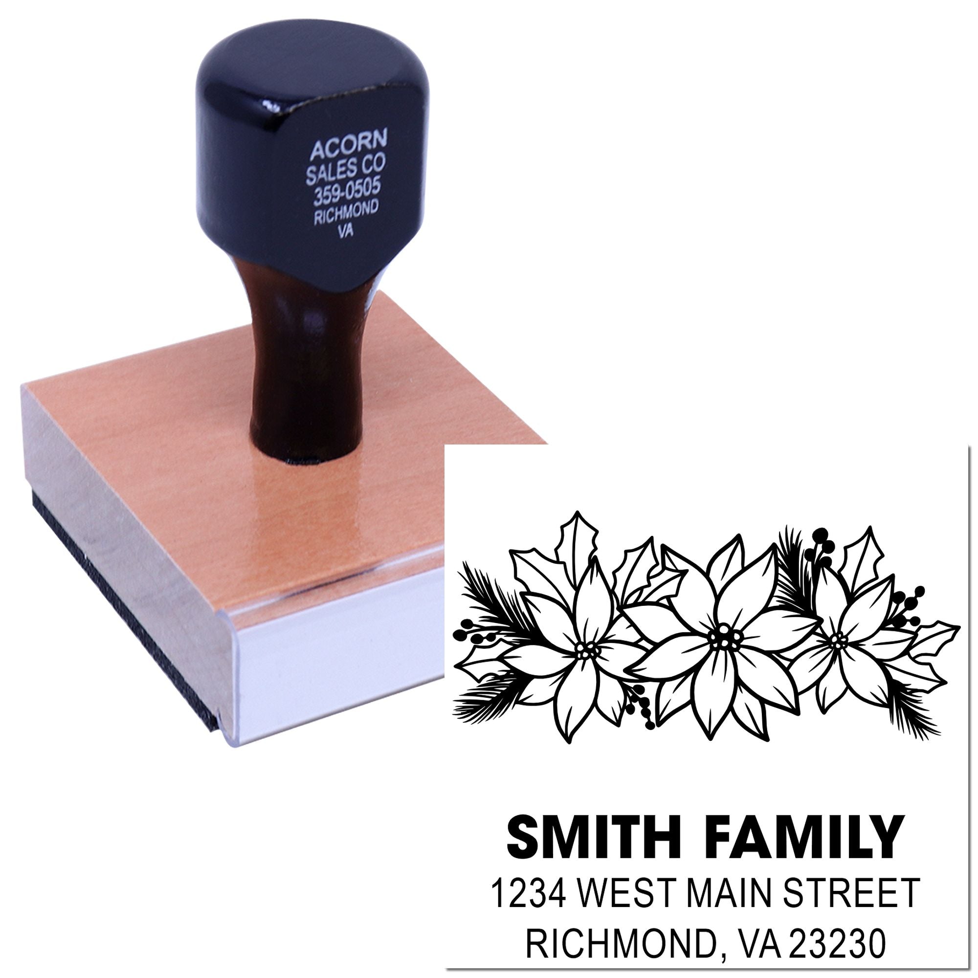 Custom rubber address stamp with floral border, Smith family name, and Richmond, VA return address for mailing envelopes.