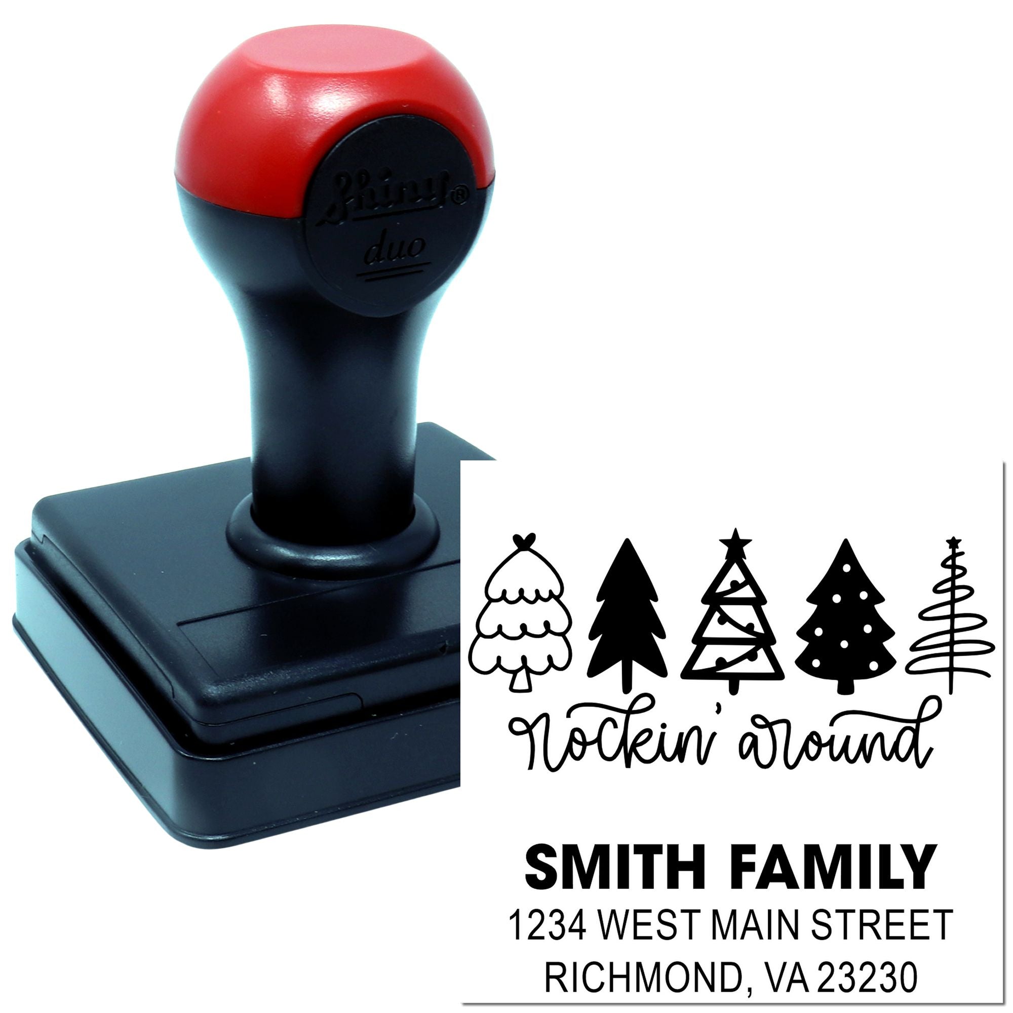 Custom rubber address stamp with holiday tree design and family return address for Christmas cards.
