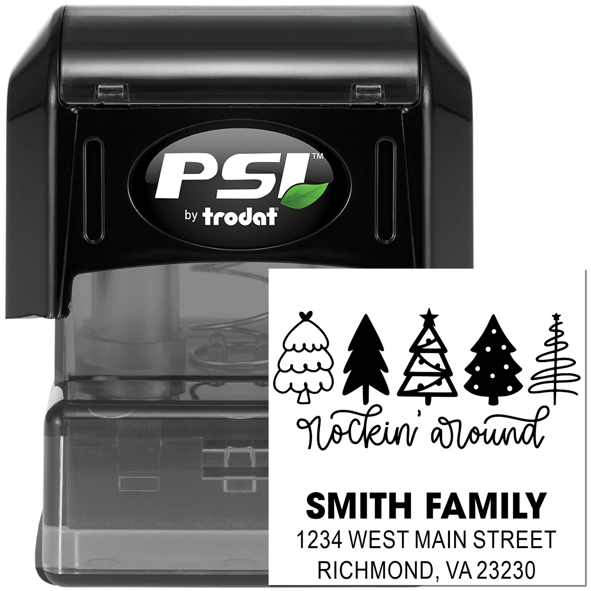 PSI by Trodat self-inking rubber stamp with custom holiday return address design for personalized family mailings.