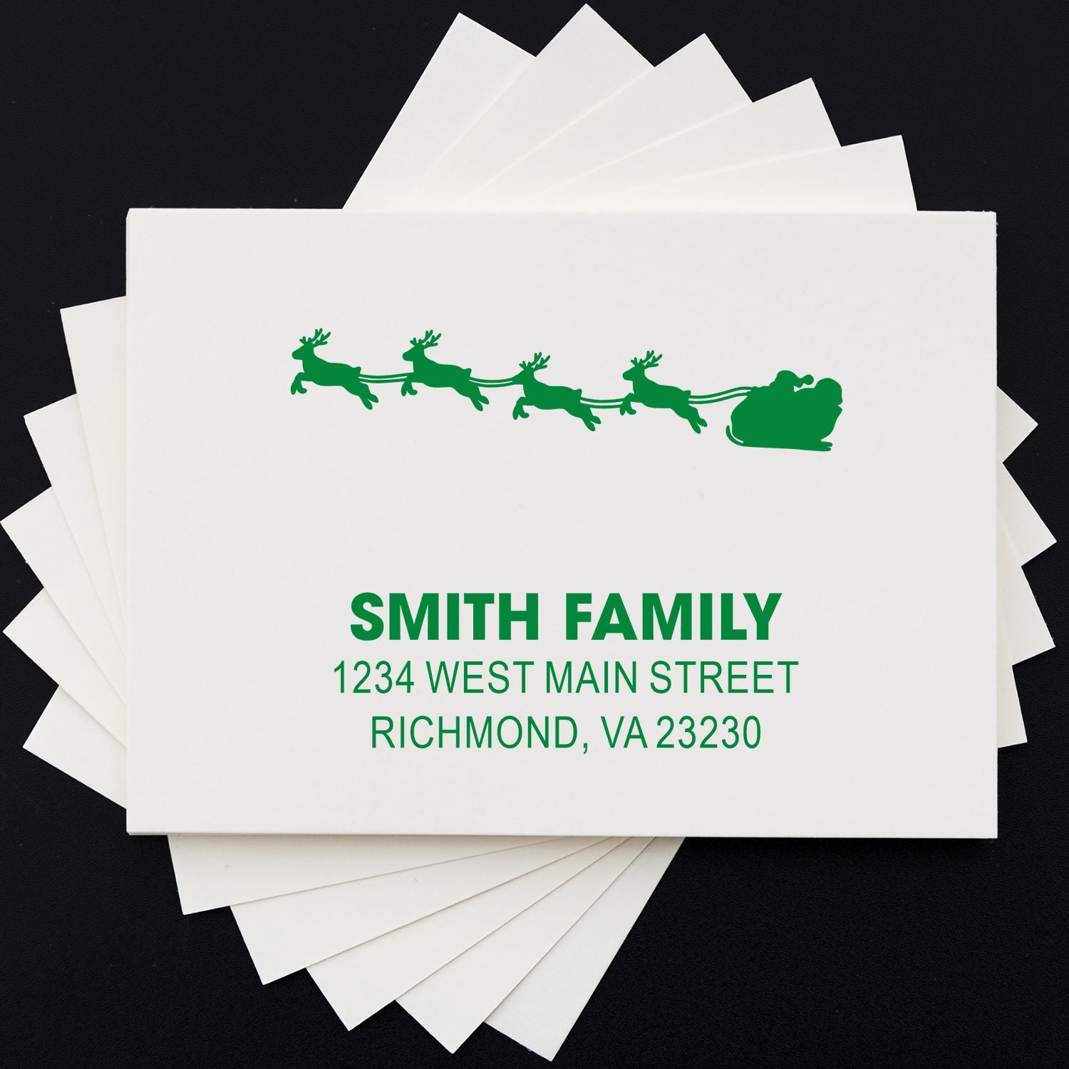 Custom Christmas return address rubber stamp with Santa sleigh and reindeer, personalized Smith Family holiday mailing stamp.