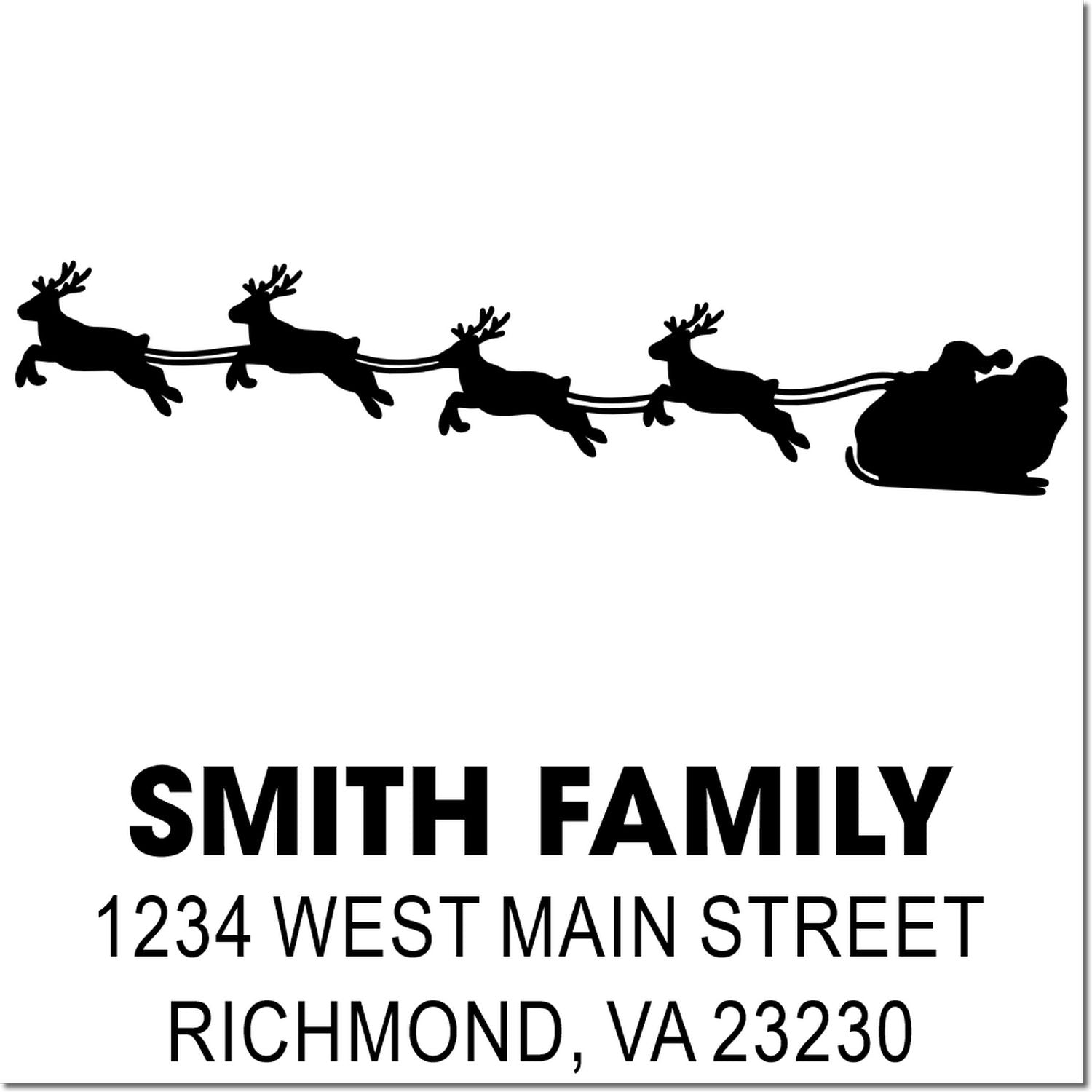 Custom holiday return address rubber stamp with Santa sleigh silhouette, reindeer, and Smith family address.