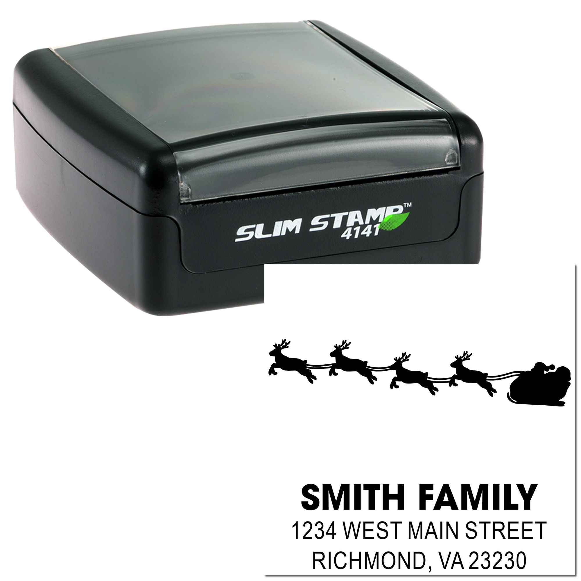 Custom self-inking return address rubber stamp with Santa sleigh design for holiday envelopes and Christmas mailings