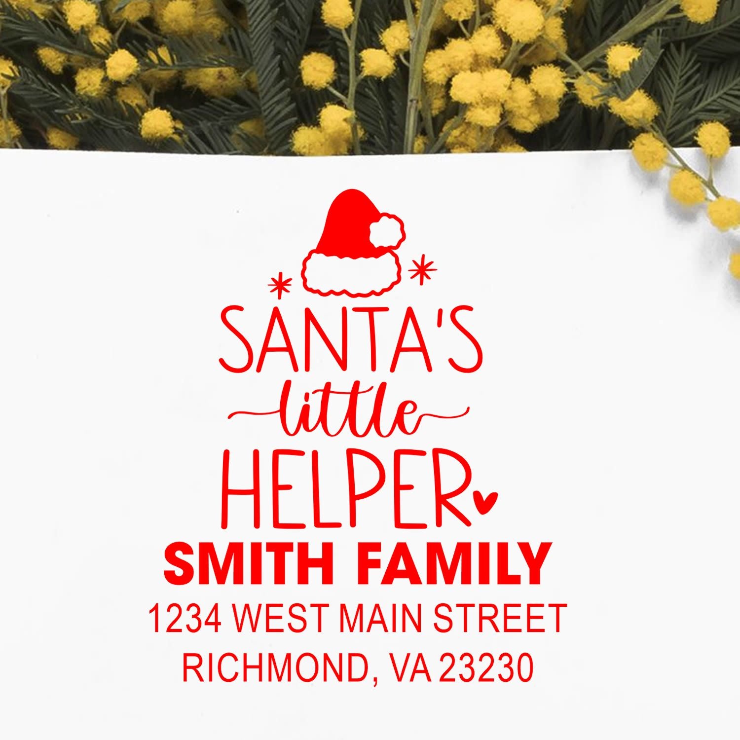 Custom Santas Little Helper return address rubber stamp for Smith family holiday mail, with Santa hat icon and Richmond, VA address.