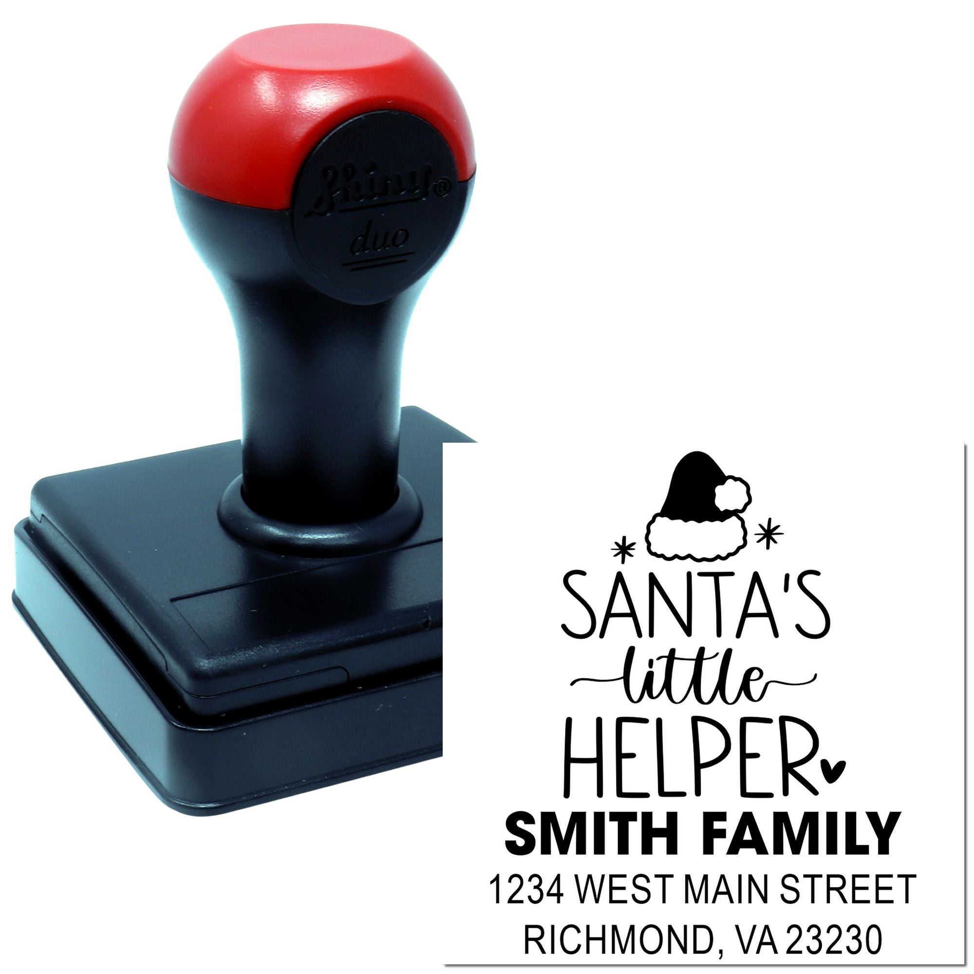 Custom self-inking rubber return address stamp with Santa's Little Helper design for holiday Christmas mail