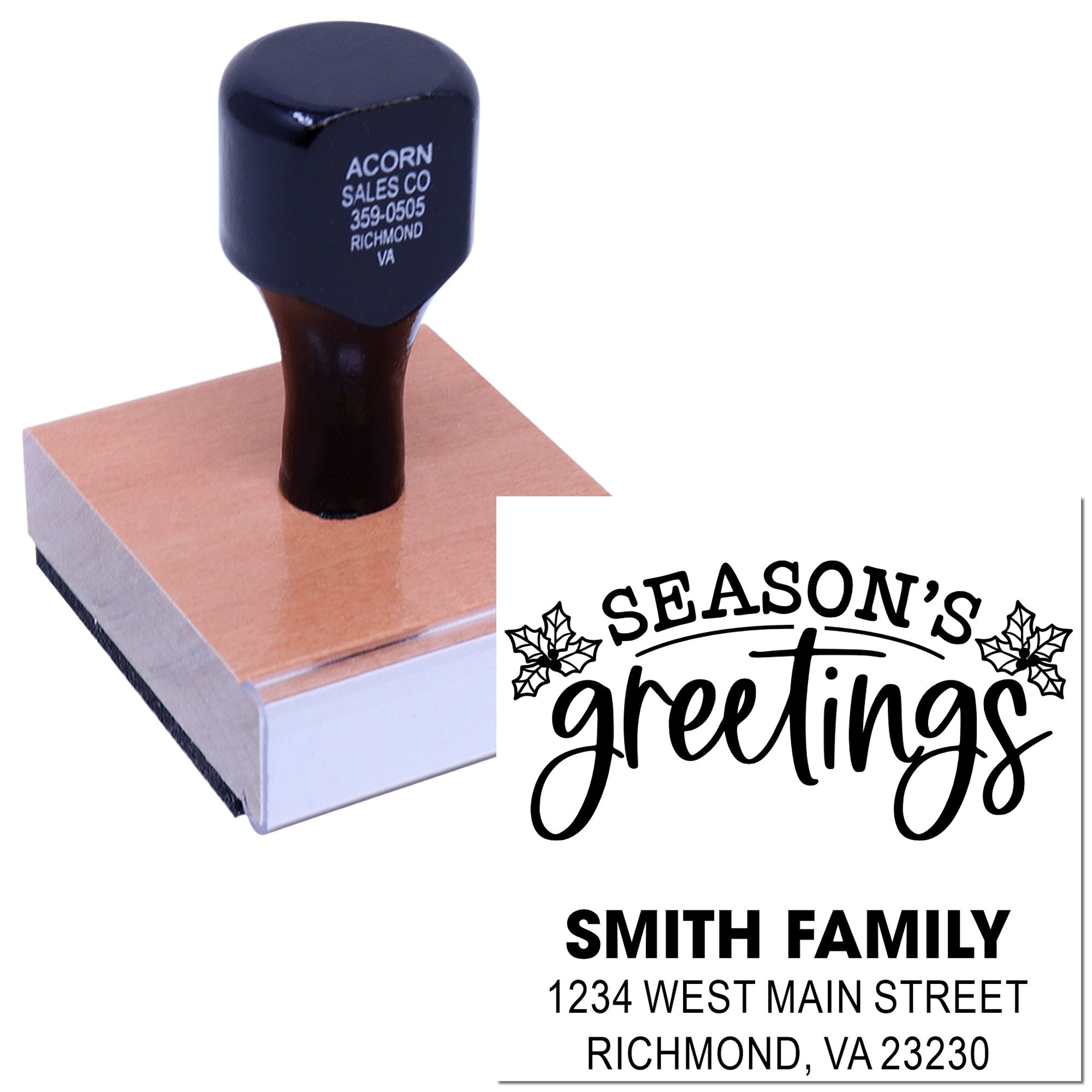 Custom holiday address rubber stamp with Seasons Greetings design, Smith family name, and return address for festive card stamping.