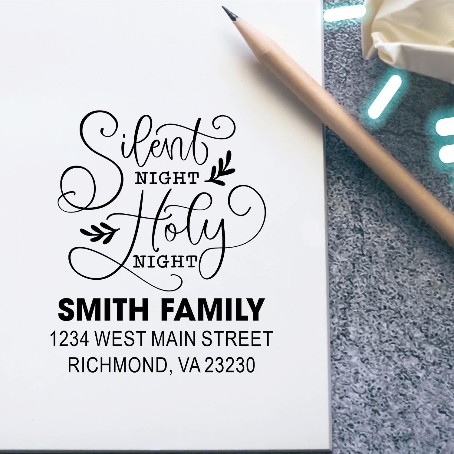 Custom Silent Night Holy Night return address rubber stamp for Christmas cards, with Smith Family name and Richmond, VA address.