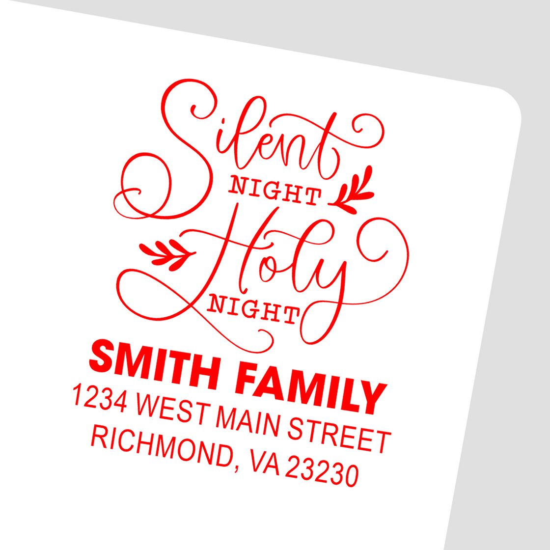 Custom Silent Night Holy Night rubber stamp with Smith Family address for Christmas cards and holiday stationery.