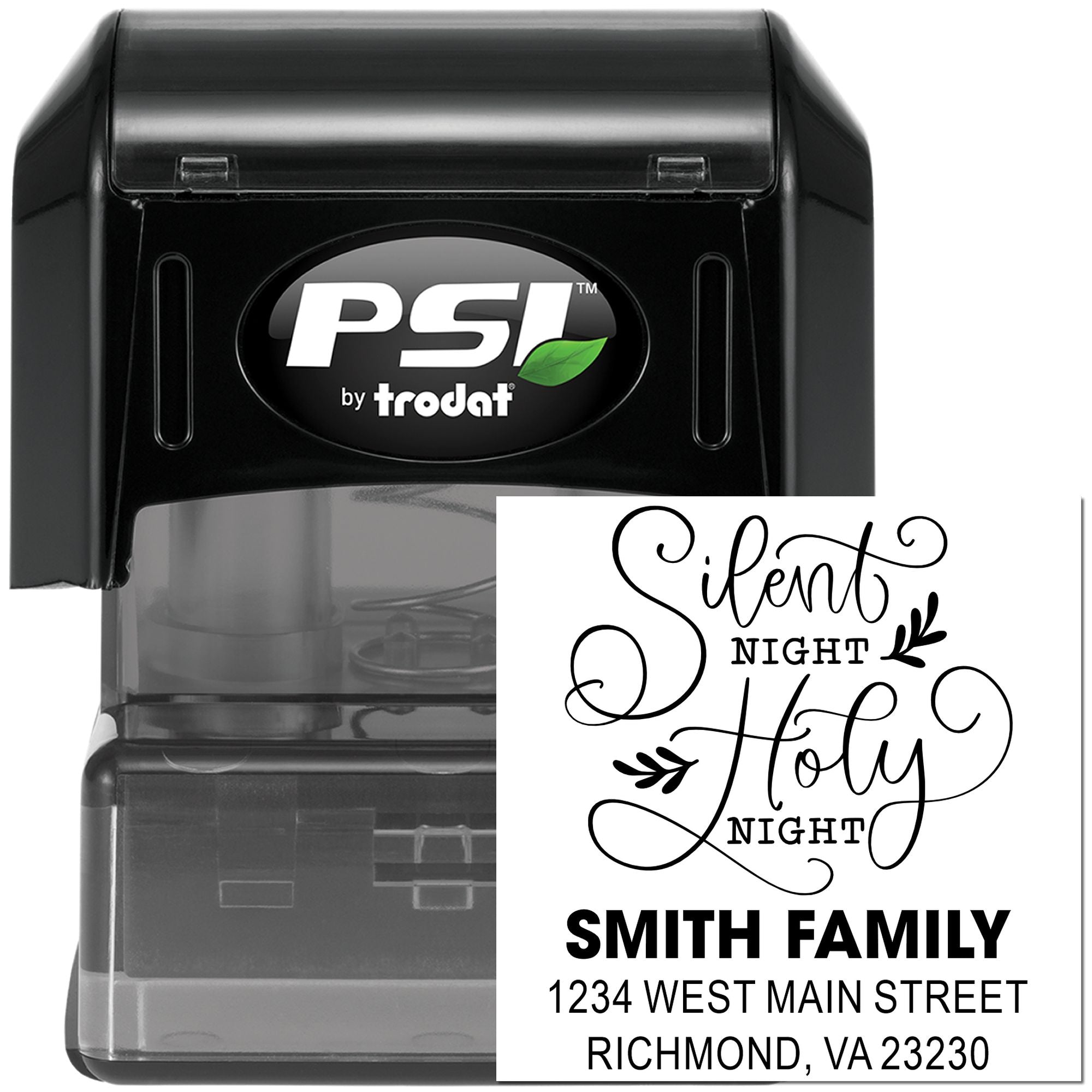Custom self-inking rubber stamp by PSI by Trodat, featuring Silent Night Holy Night design and Smith Family address imprint