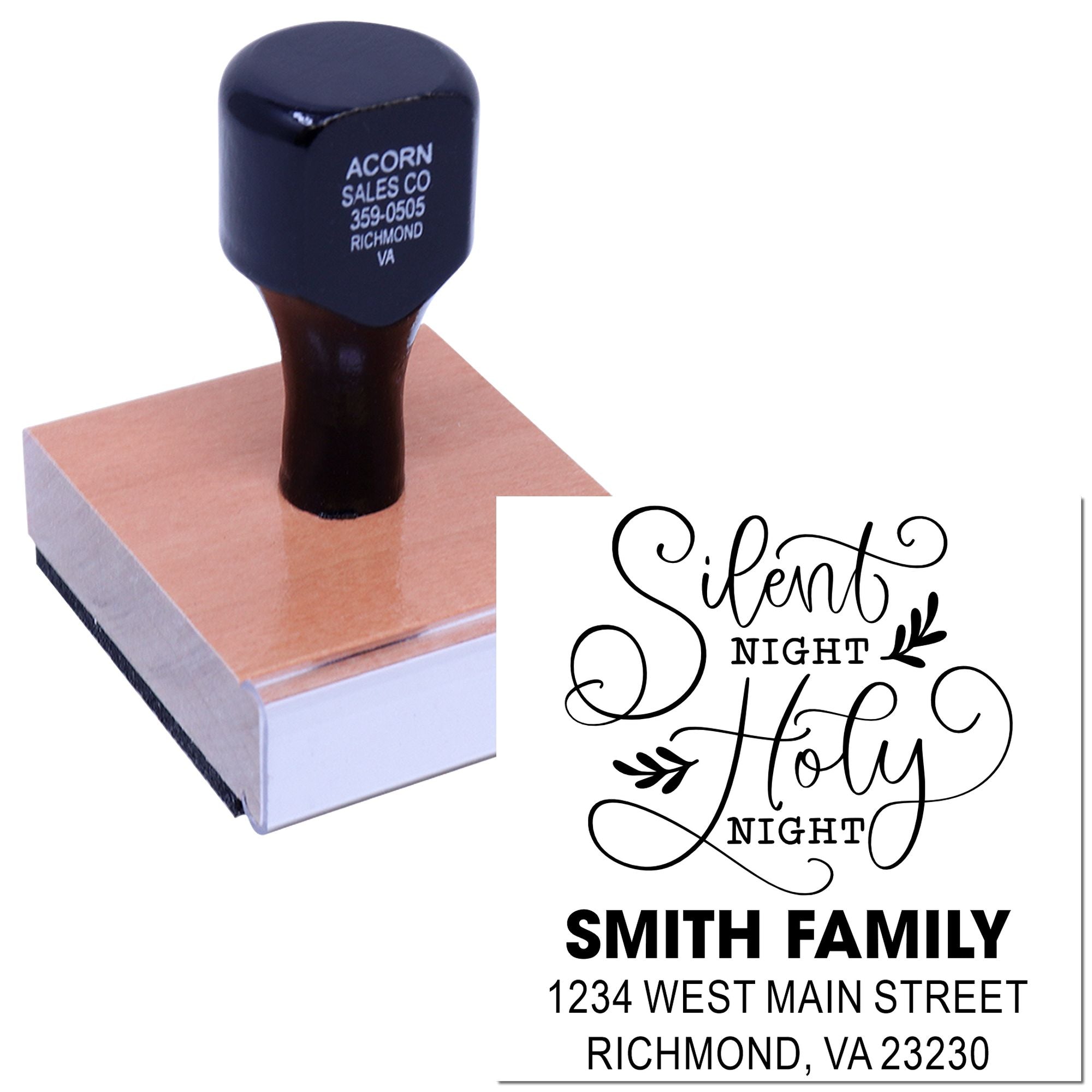 Custom rubber stamp with Silent Night Holy Night design and family return address for holiday cards.