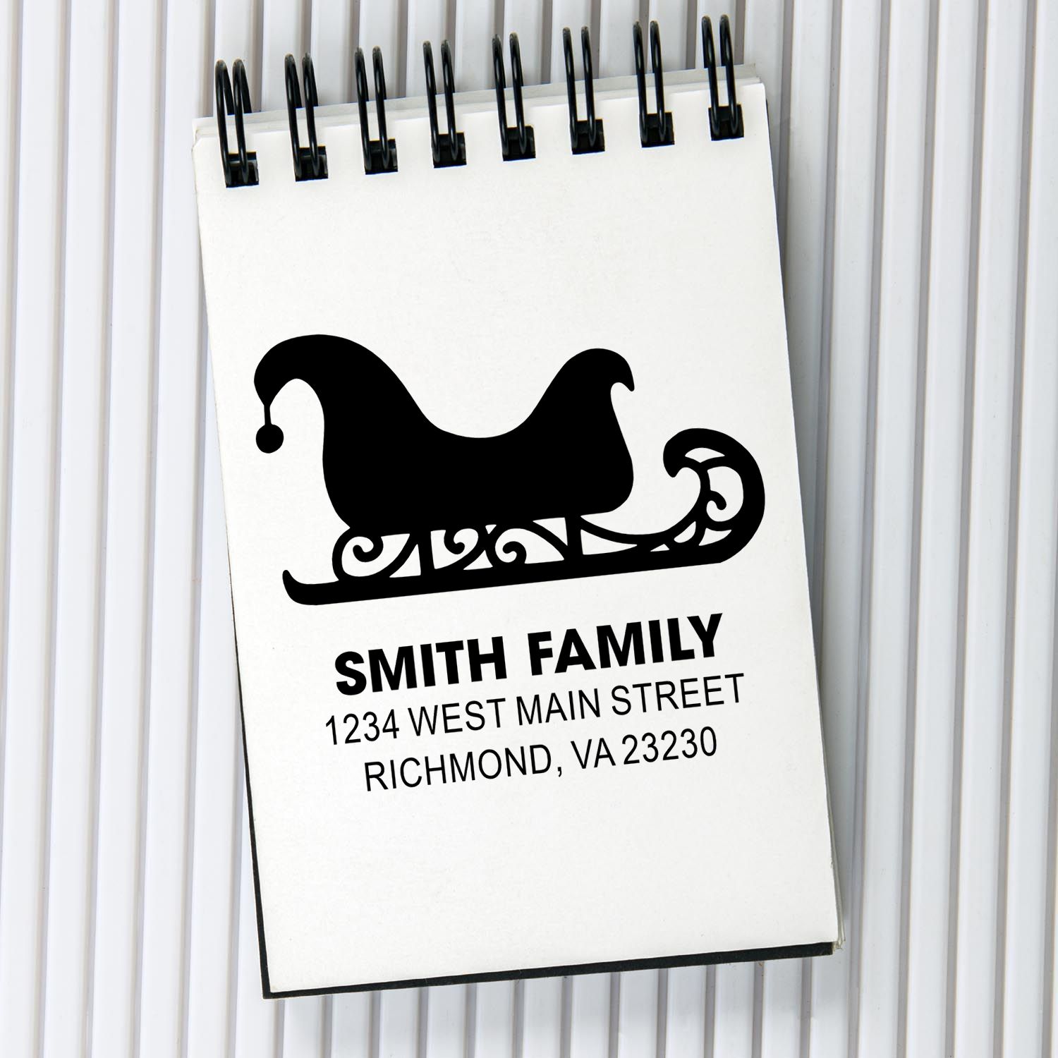 Custom Christmas sleigh return address rubber stamp for Smith family, Richmond, VA