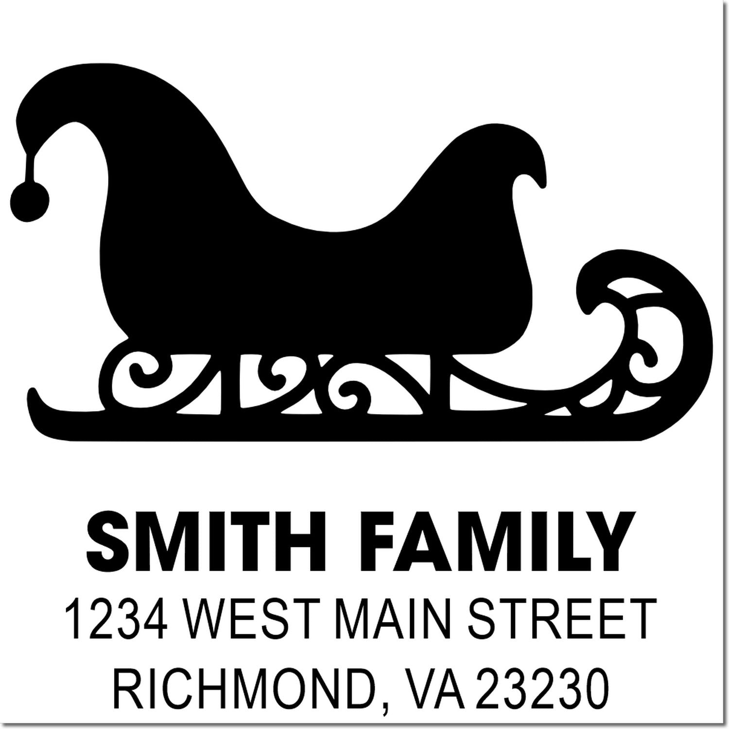 Custom return address rubber stamp with sleigh design for holiday cards: Smith Family, Richmond, VA 23230.