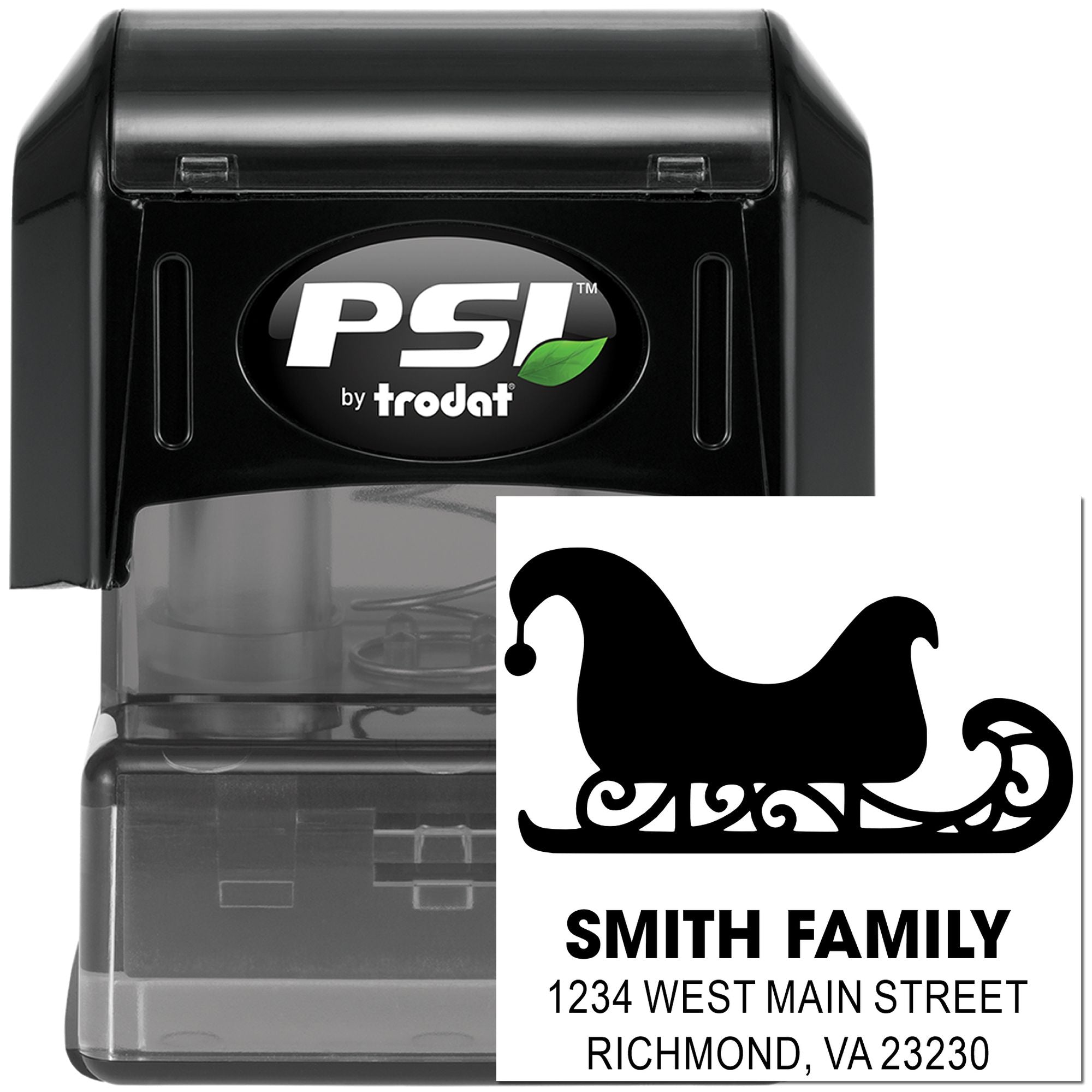 PSI by Trodat self-inking custom address rubber stamp with sleigh design for Smith Family return address mailing labels