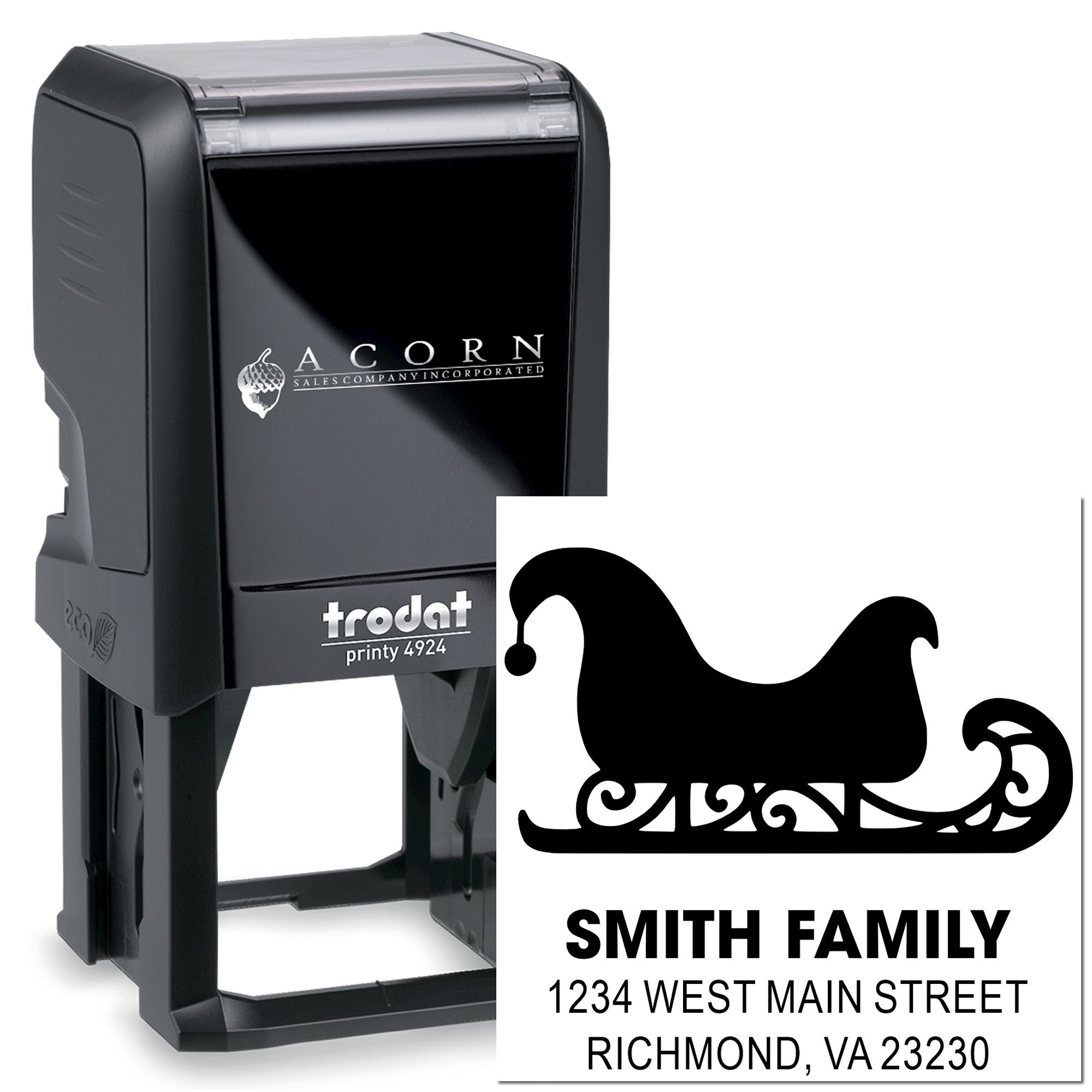 Personalized self-inking rubber return address stamp with sleigh design for Smith family mailings.