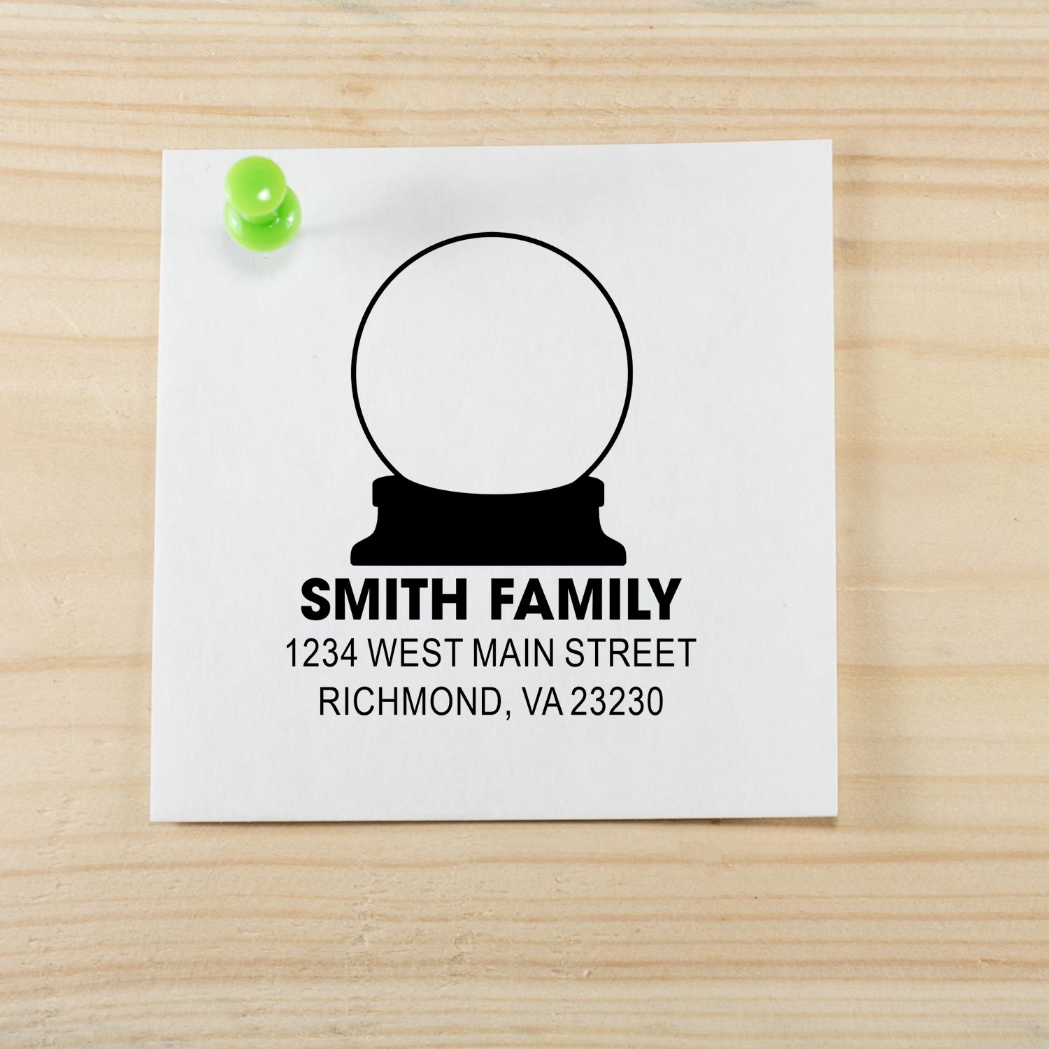 Personalized return address rubber stamp proof for Smith Family, 1234 West Main Street, Richmond, VA.