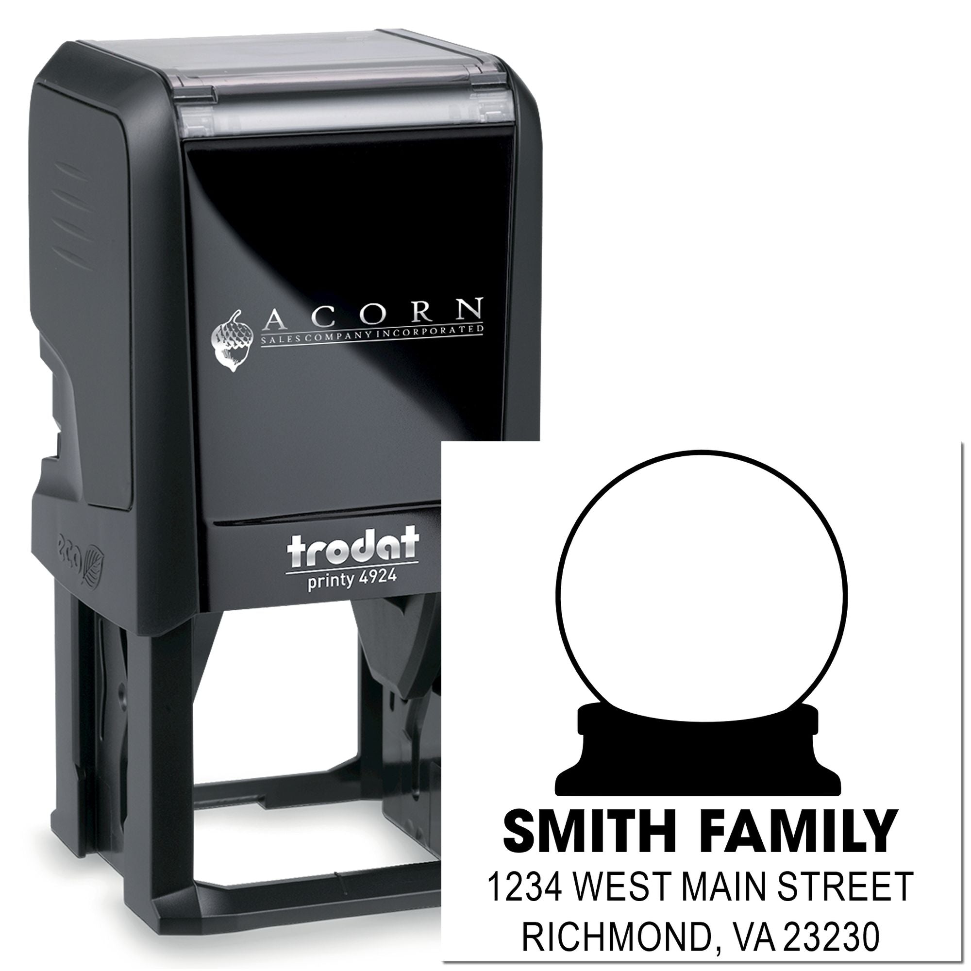 Custom self-inking Trodat Printy 4924 rubber stamp with family name and address, ideal for personalized mailing labels.