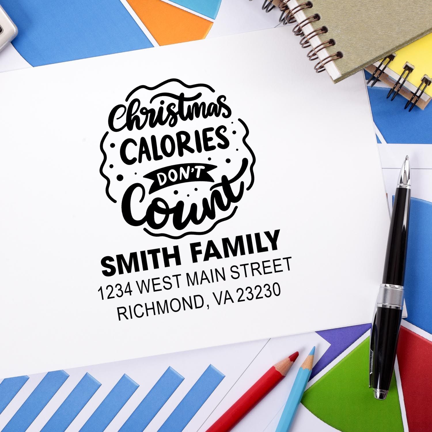 Custom Christmas rubber stamp with Calories Dont Count design and Smith Family return address for holiday cards.