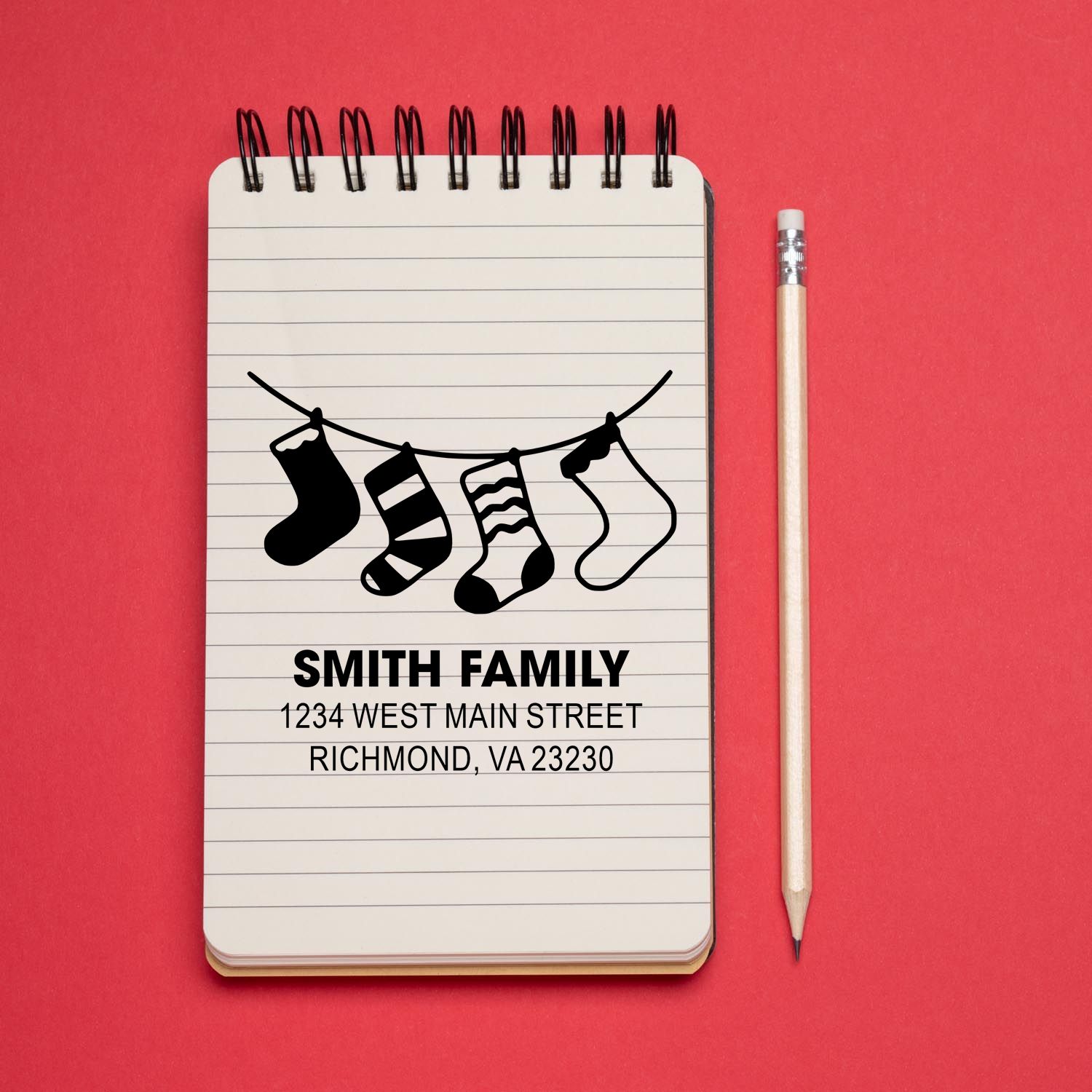 Personalized family return address stamp with holiday stockings, Smith Family, and Richmond, VA address.