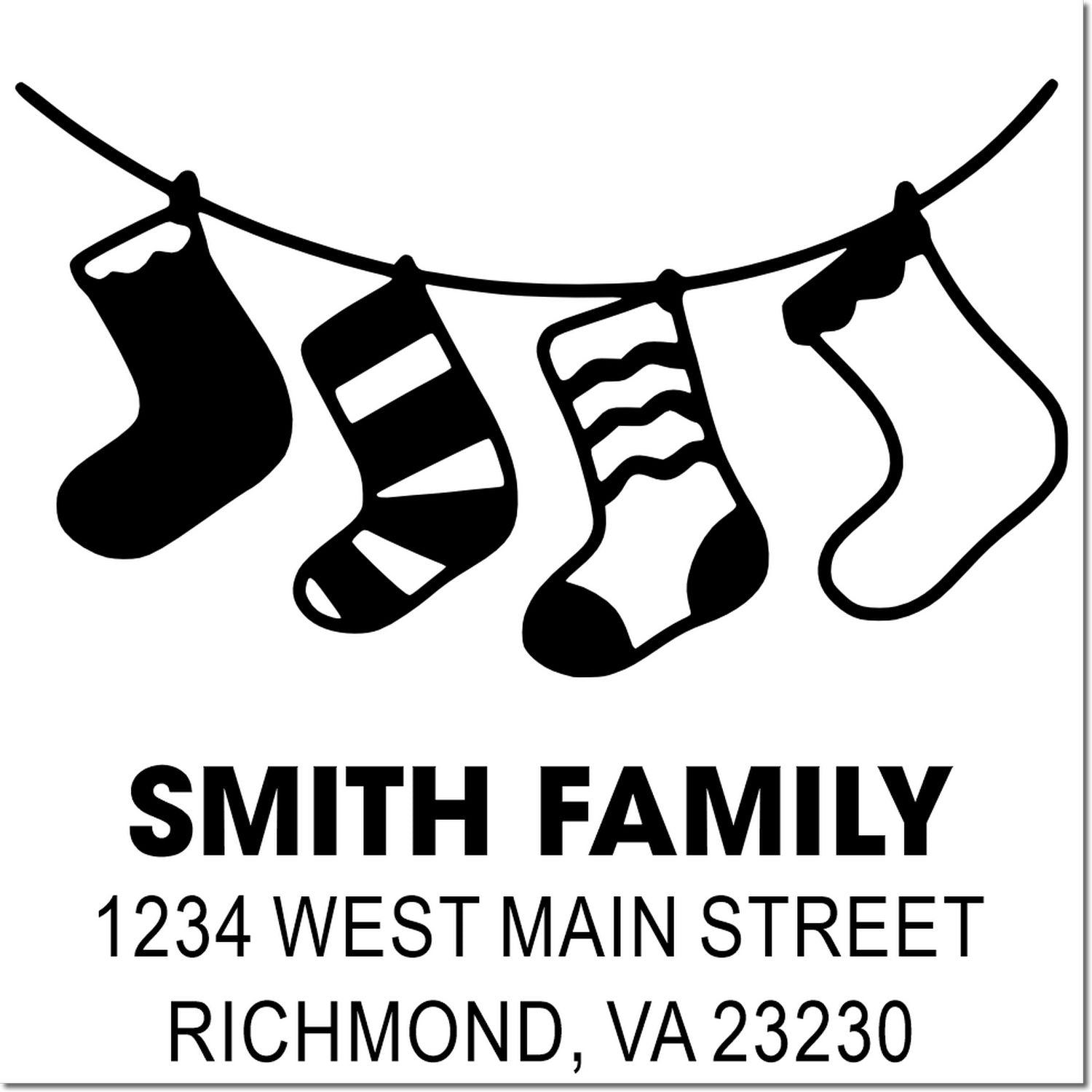 Custom family holiday address rubber stamp with stockings design for Smith Family, Richmond, VA mailing and Christmas cards.