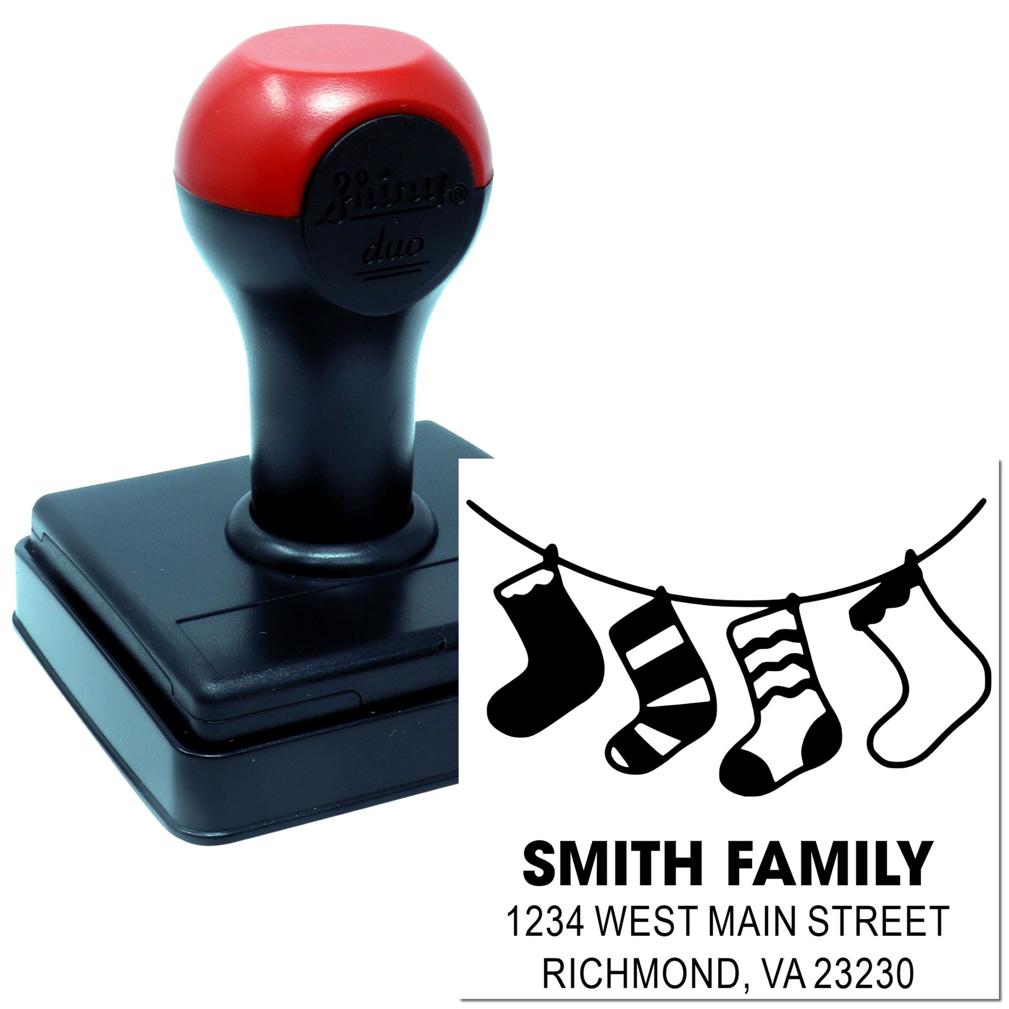 Custom self-inking rubber stamp with holiday stockings design and Smith family return address for personalized mailings.