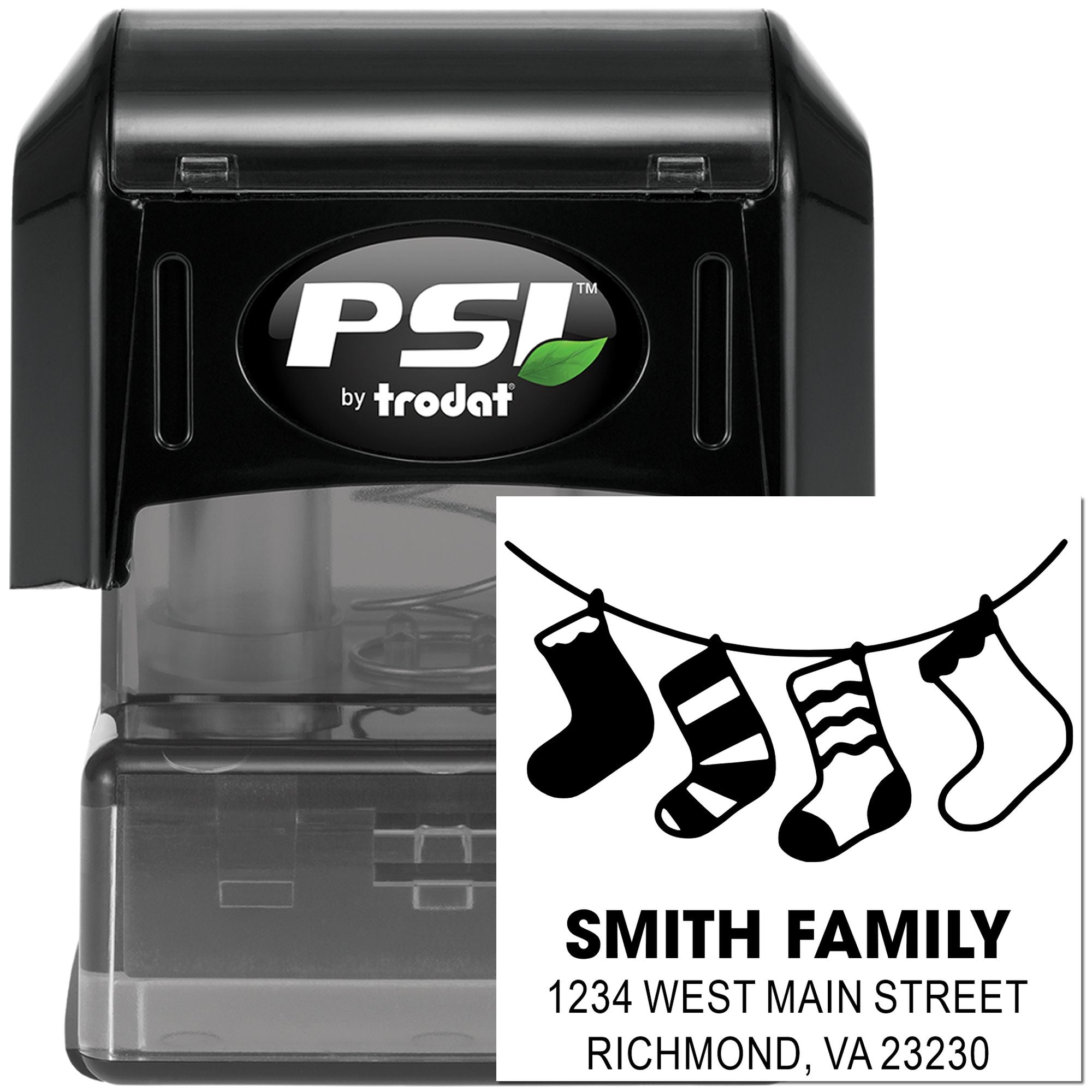 Custom PSI by Trodat self-inking rubber address stamp with hanging Christmas stockings and Smith family return address.