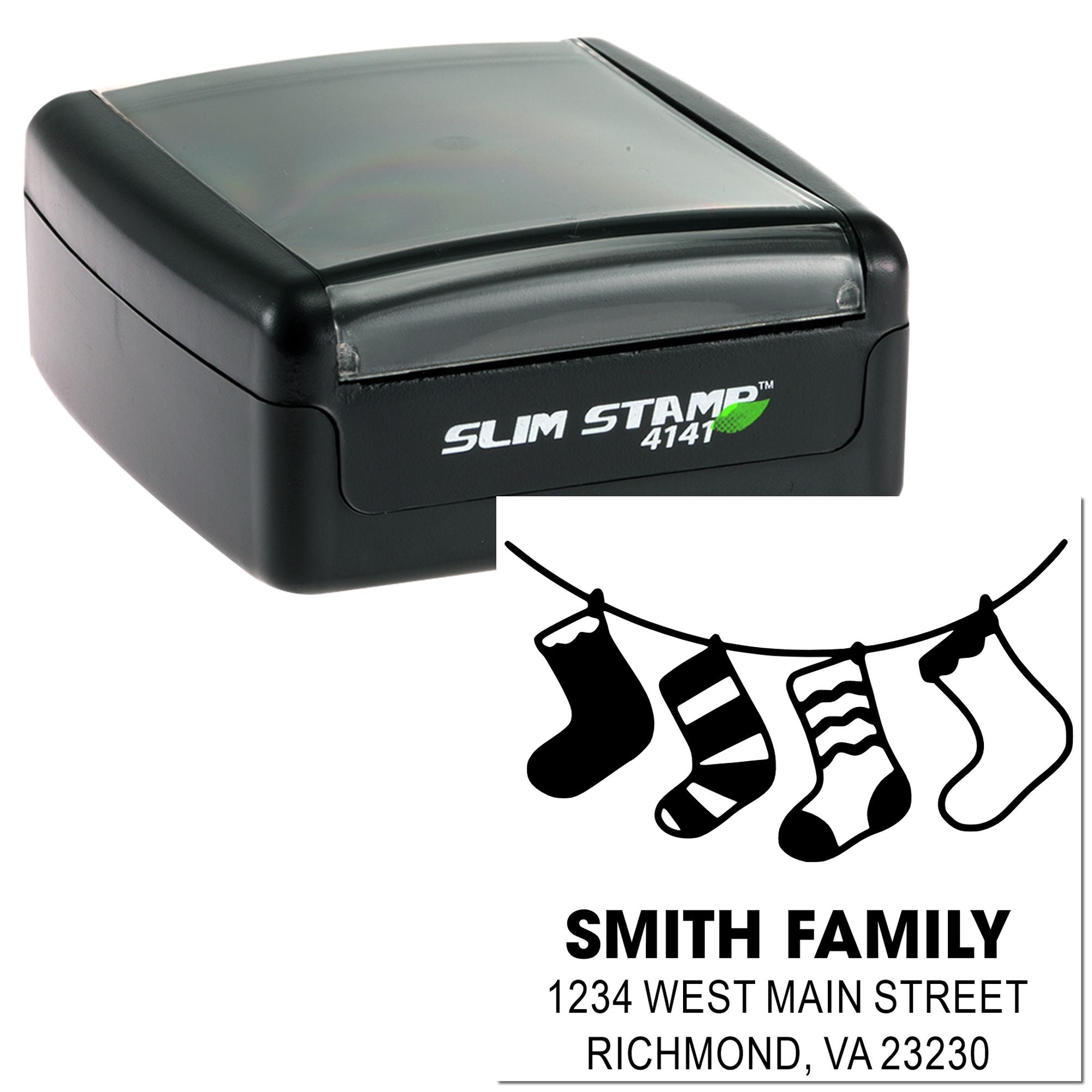 Slim Stamp 4141 custom self-inking address rubber stamp with family laundry line design and Richmond, VA return address.