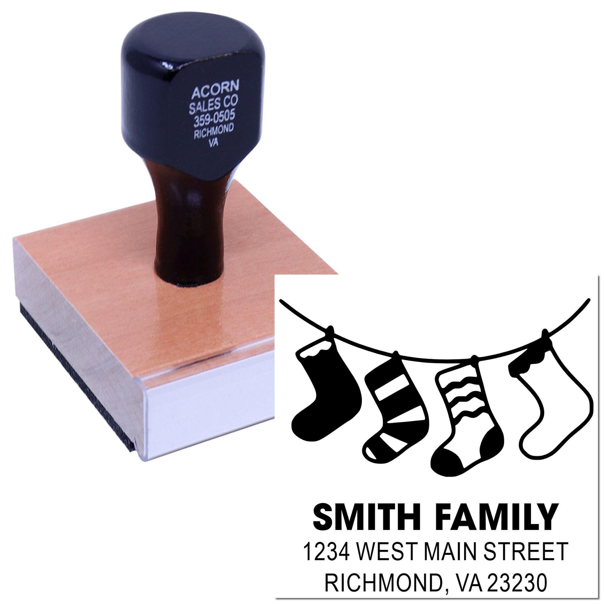Personalized family address rubber stamp with clothesline design for custom envelopes and stationery.