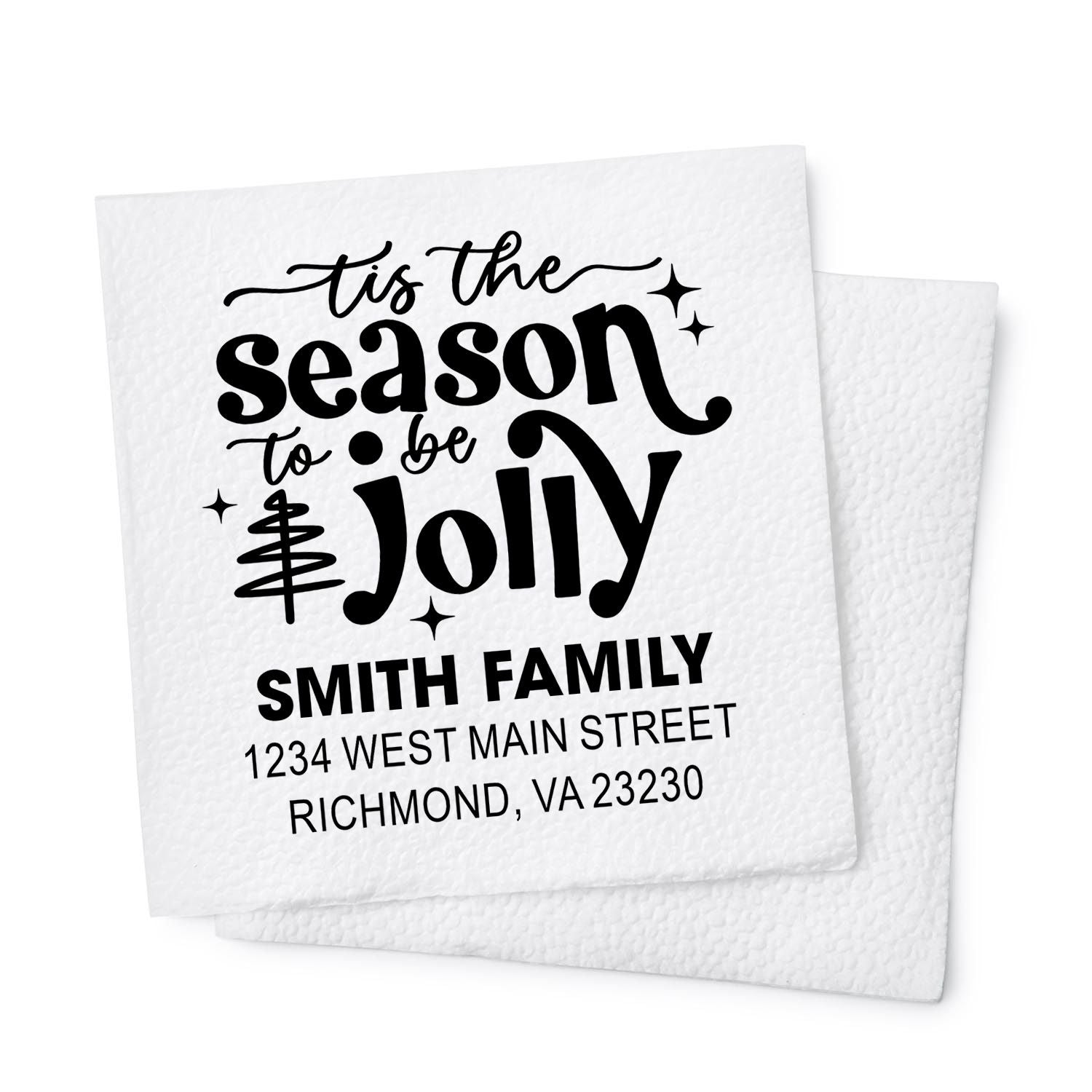Personalized holiday rubber stamp with Tis the season to be jolly, Smith family name, and return address for cards.