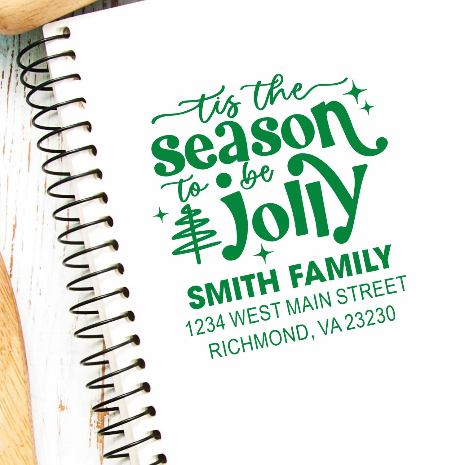 Personalized holiday rubber stamp with Tis the Season to Be Jolly and Smith Family address