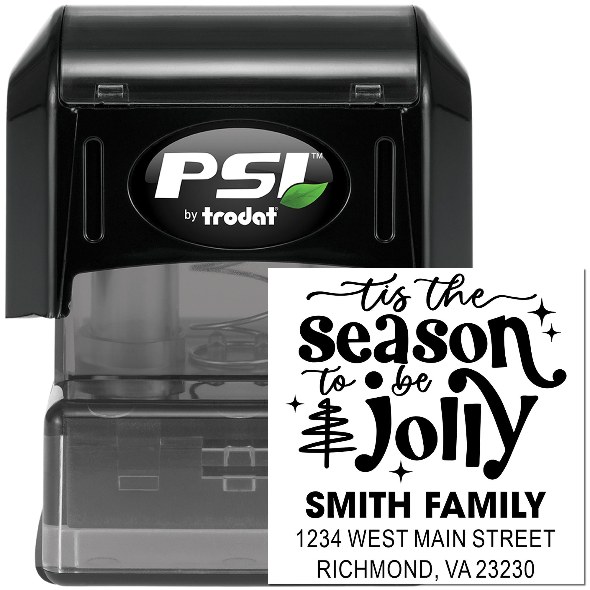 Personalized Christmas return address rubber stamp, PSI by Trodat self-inking stamp with Tis the Season to Be Jolly family design.