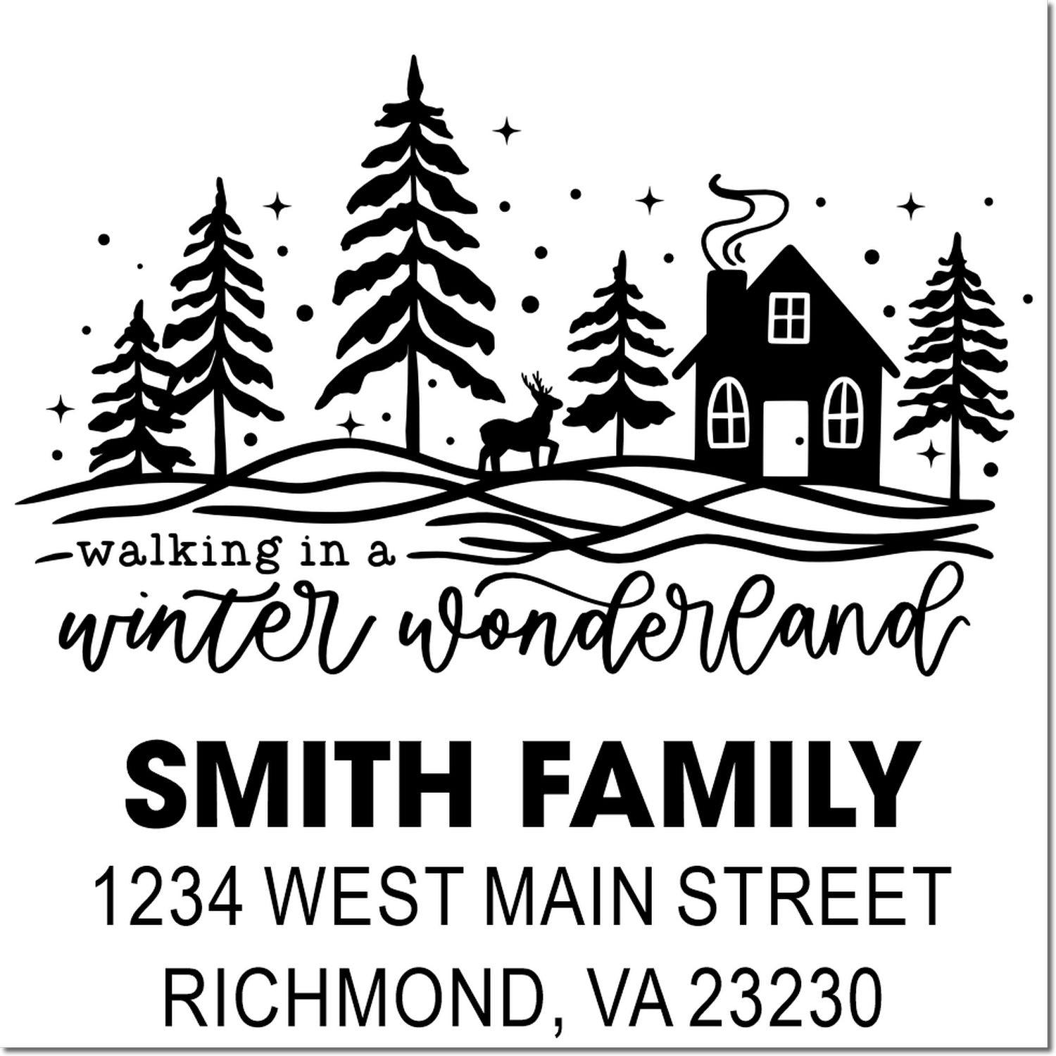 Personalized winter wonderland return address stamp for Smith Family, with snowy cabin, pine trees, and deer.