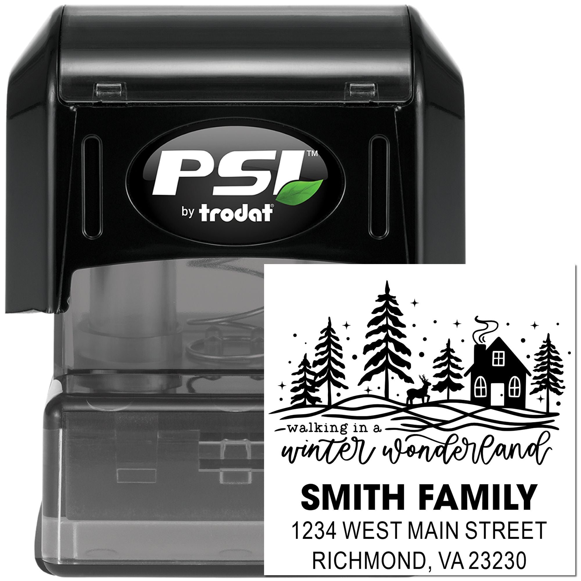 Custom self-inking return address rubber stamp by PSI Trodat with winter wonderland design for personalized mail and holiday cards