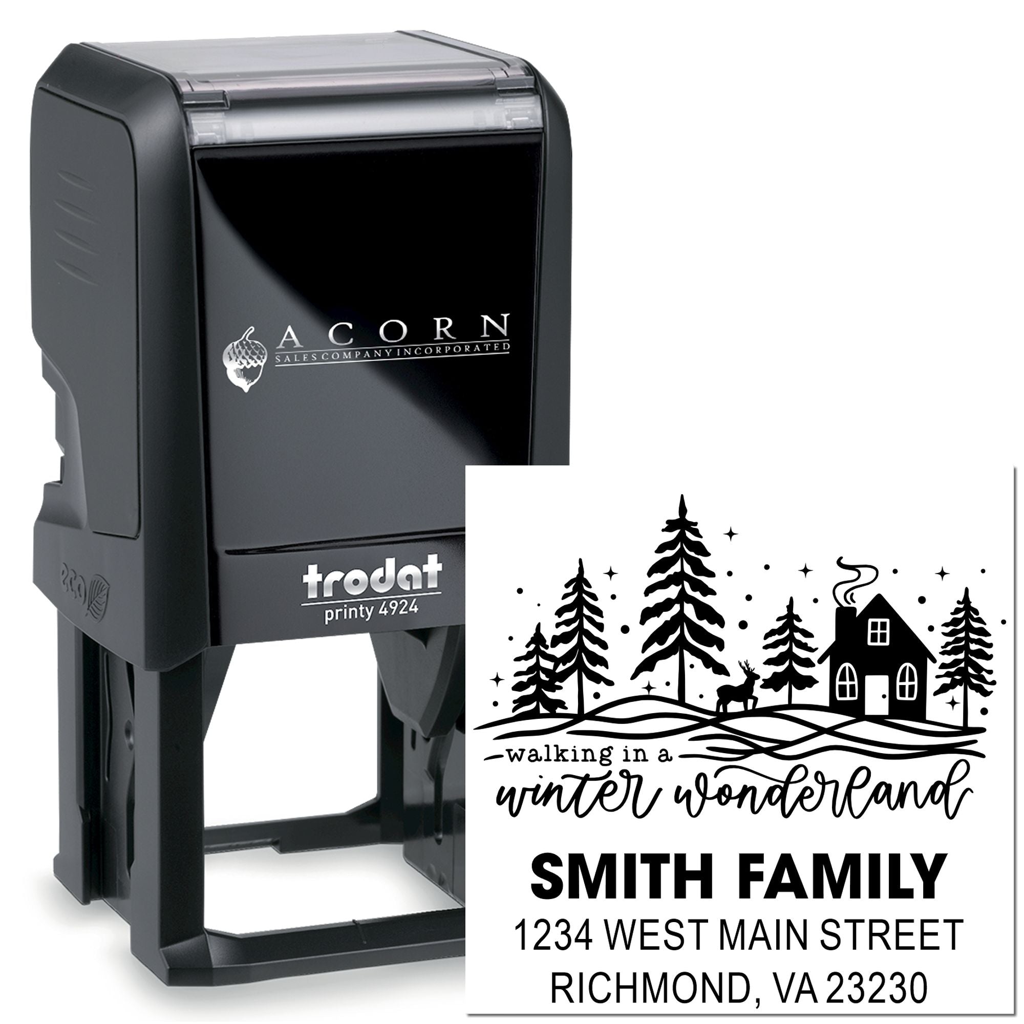 Custom Trodat self-inking address rubber stamp with winter wonderland family design for holiday cards.