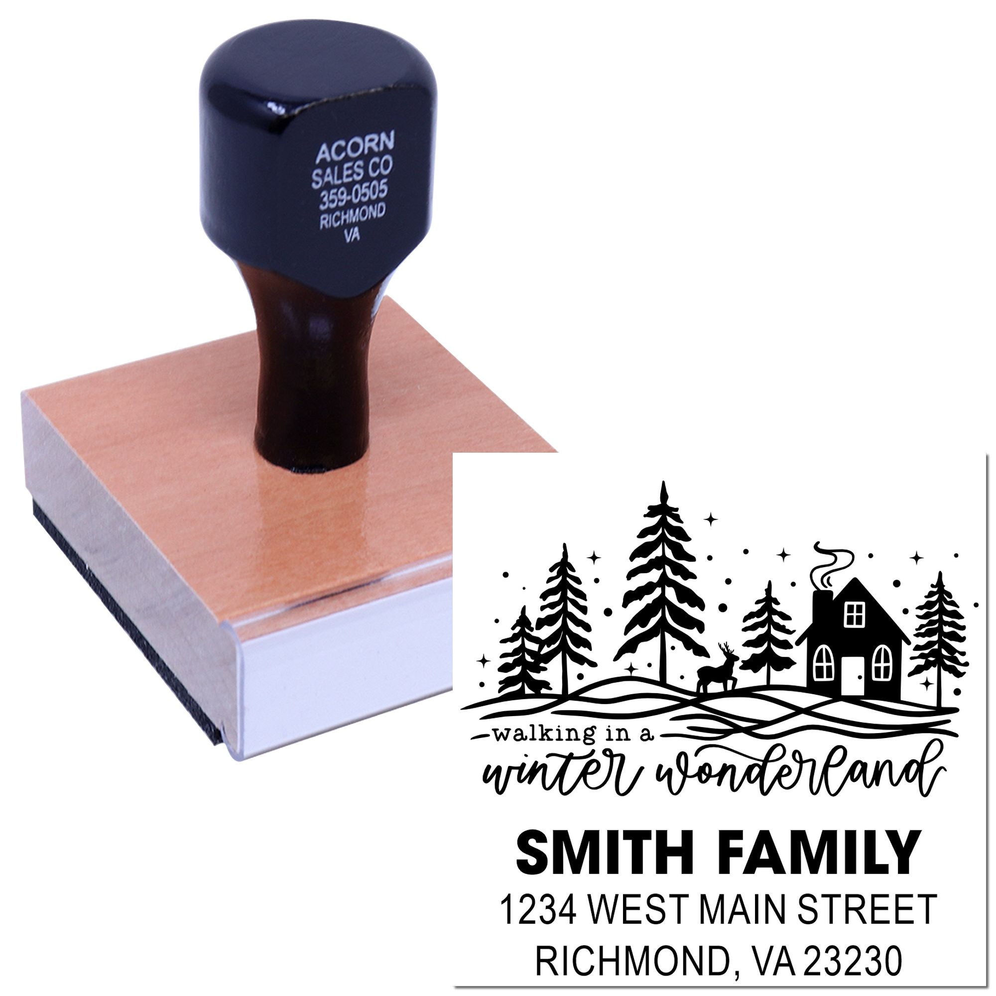 Custom self-inking rubber stamp with winter wonderland family address design for holiday cards and envelopes.