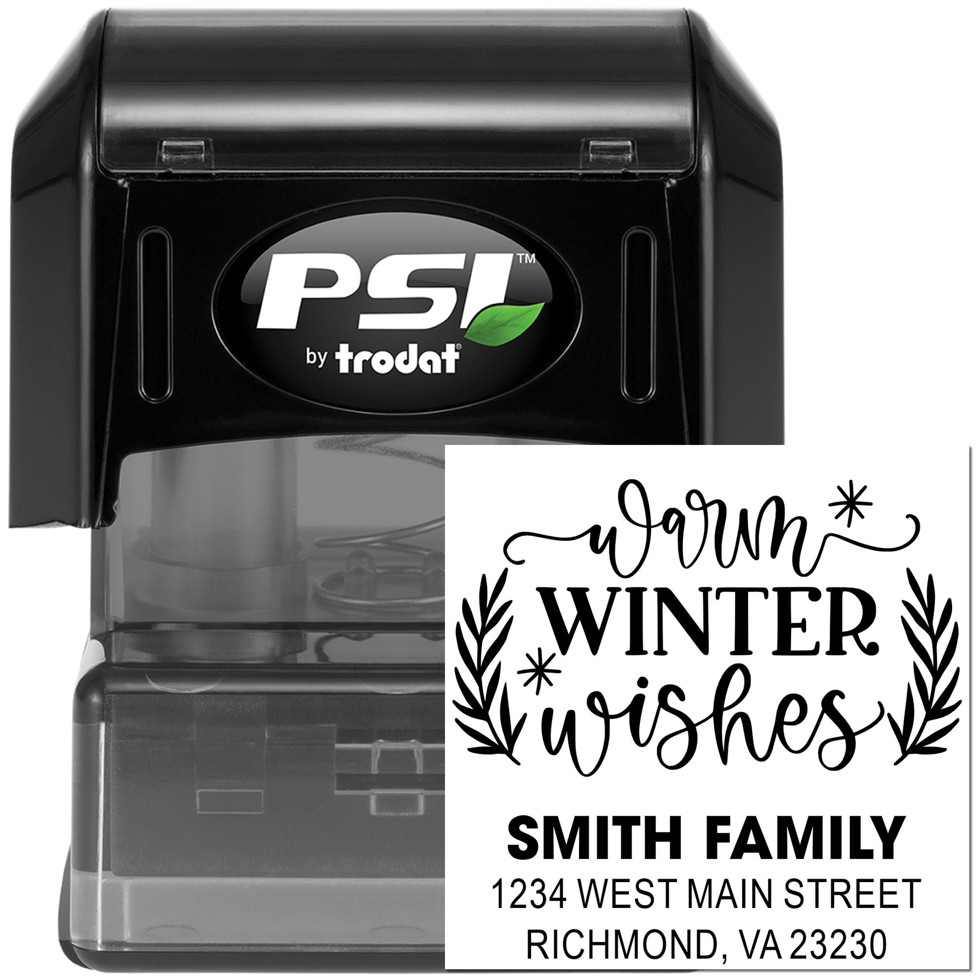 Custom self-inking rubber stamp by PSI by Trodat with Winter Wishes return address for the Smith family.