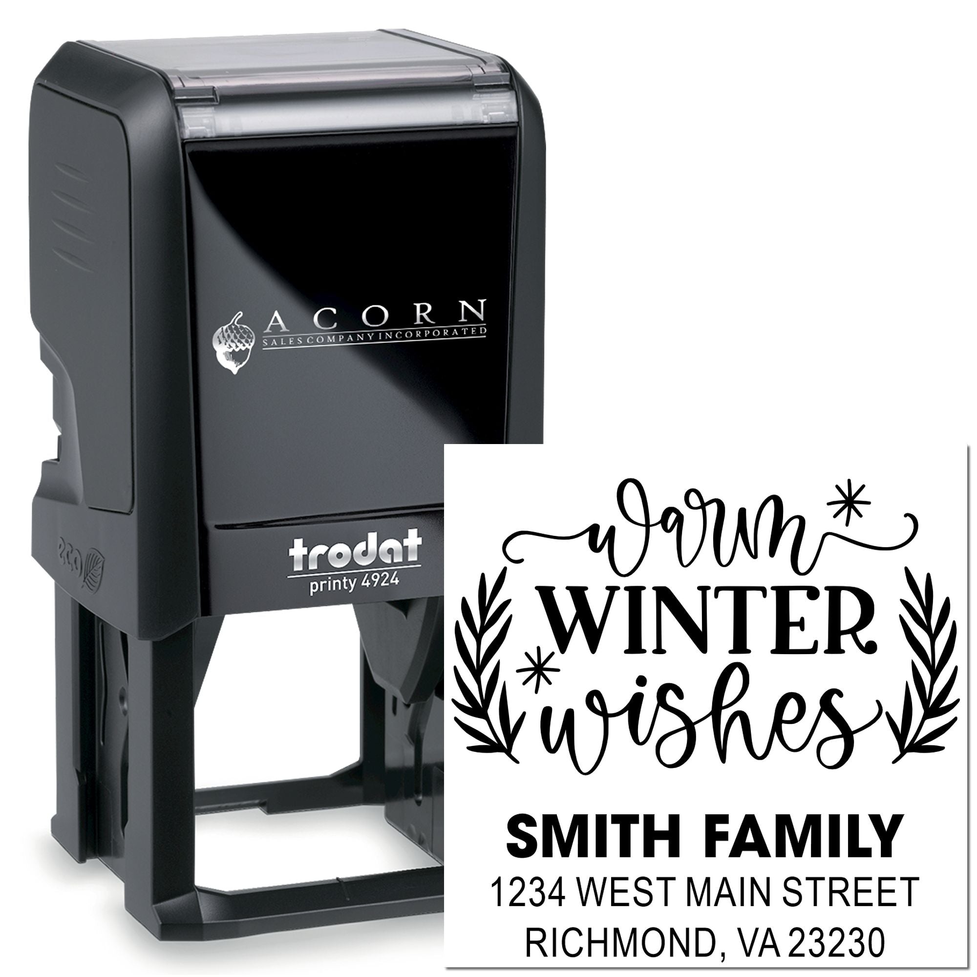 Custom self-inking rubber stamp with warm winter wishes design and Smith Family return address