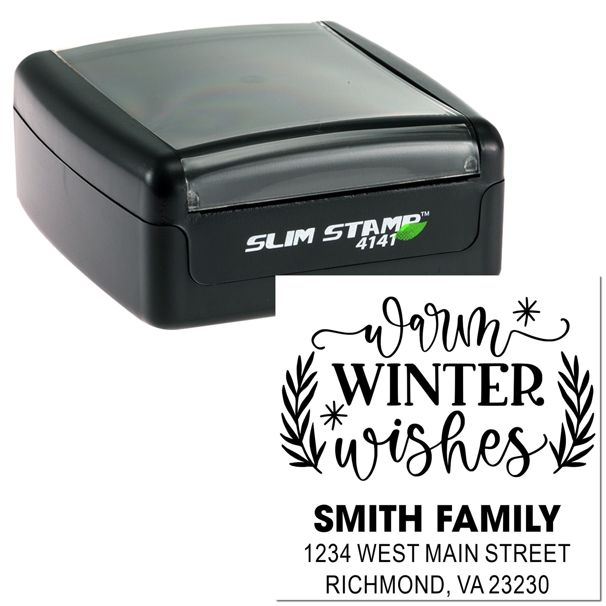 Slim Stamp 4141 custom rubber stamp with winter wishes return address design for holiday cards and envelopes