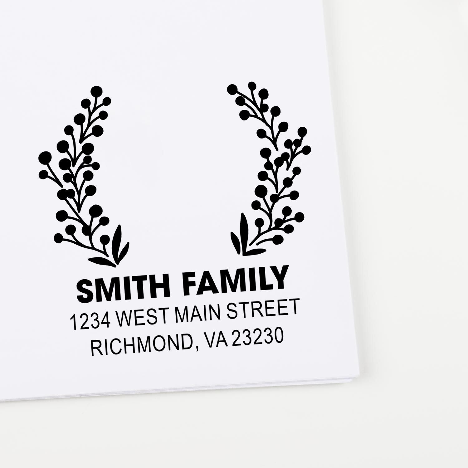 Custom family address rubber stamp with floral wreath design for Smith Family, Richmond, VA return address stamp