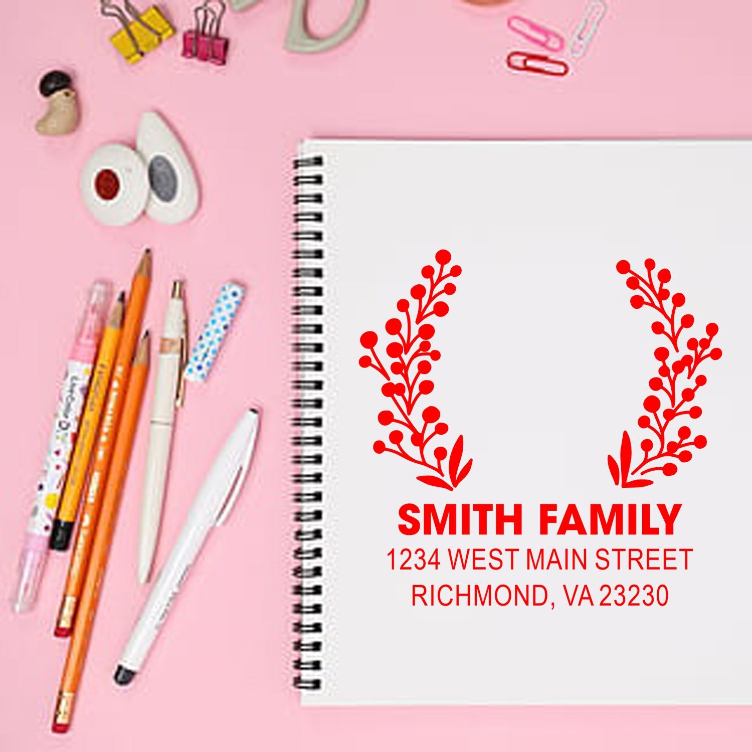 Personalized family return address rubber stamp with floral design, Smith Family name, and Richmond, VA address.
