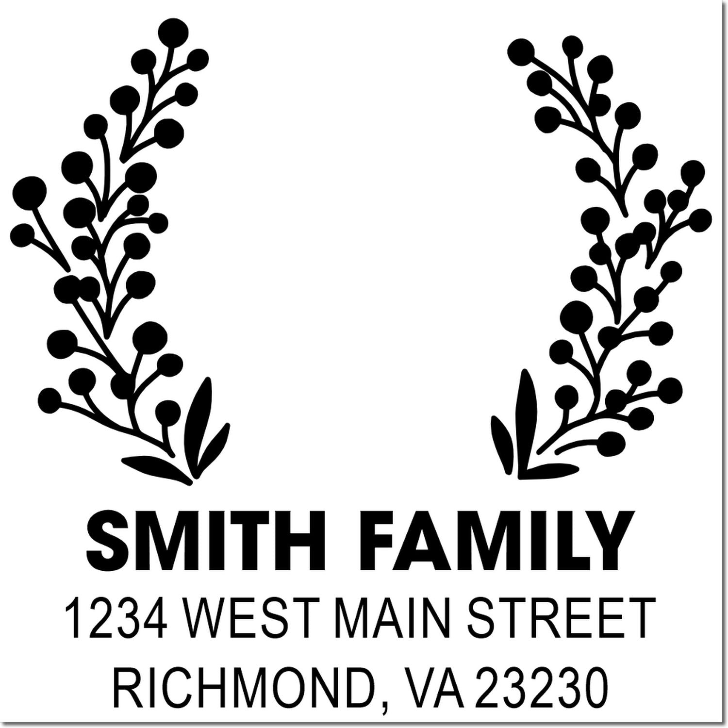 Personalized Smith Family return address rubber stamp with floral branch design and Richmond, VA 23230 address