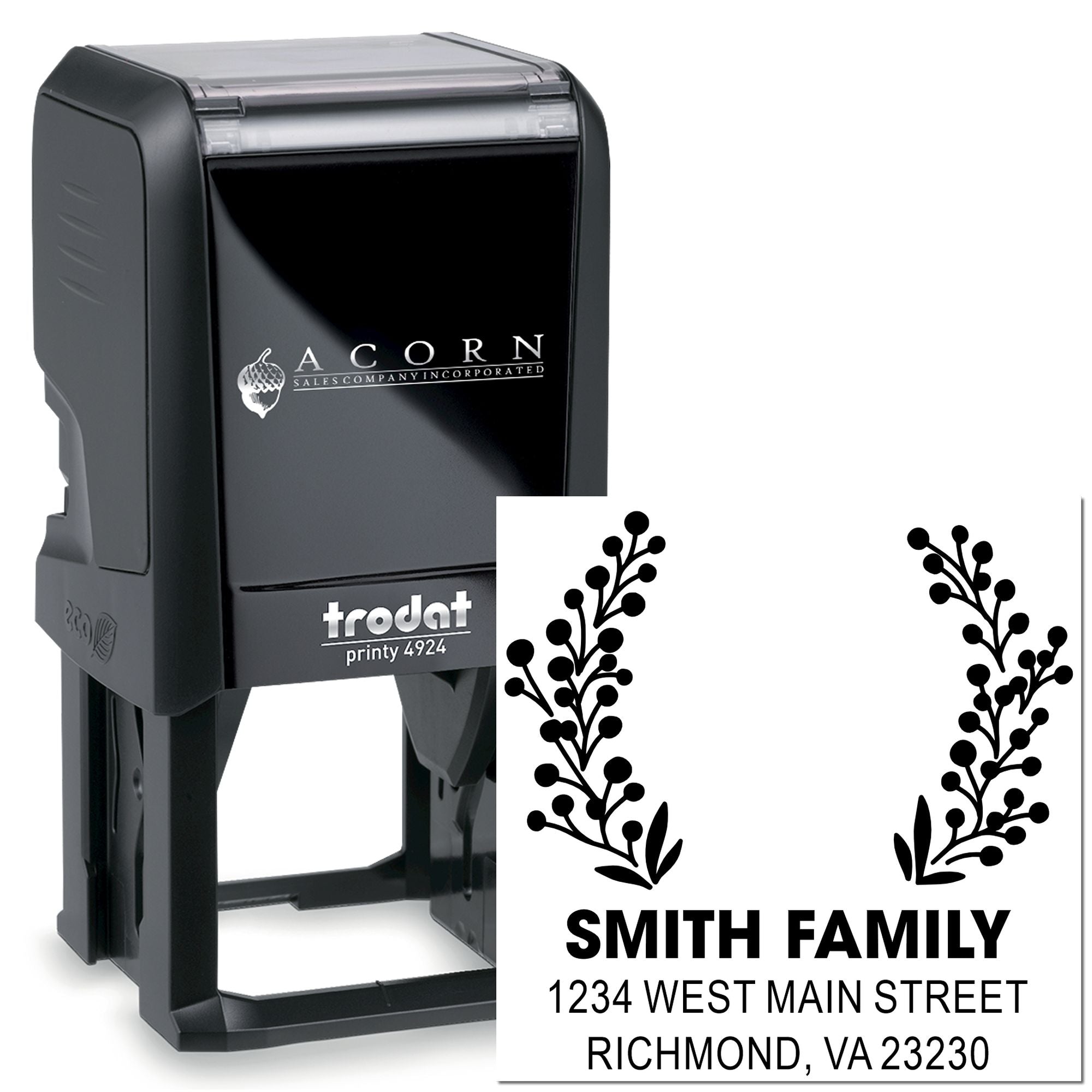 Custom self-inking rubber address stamp with floral family return address design for envelopes and mailings.
