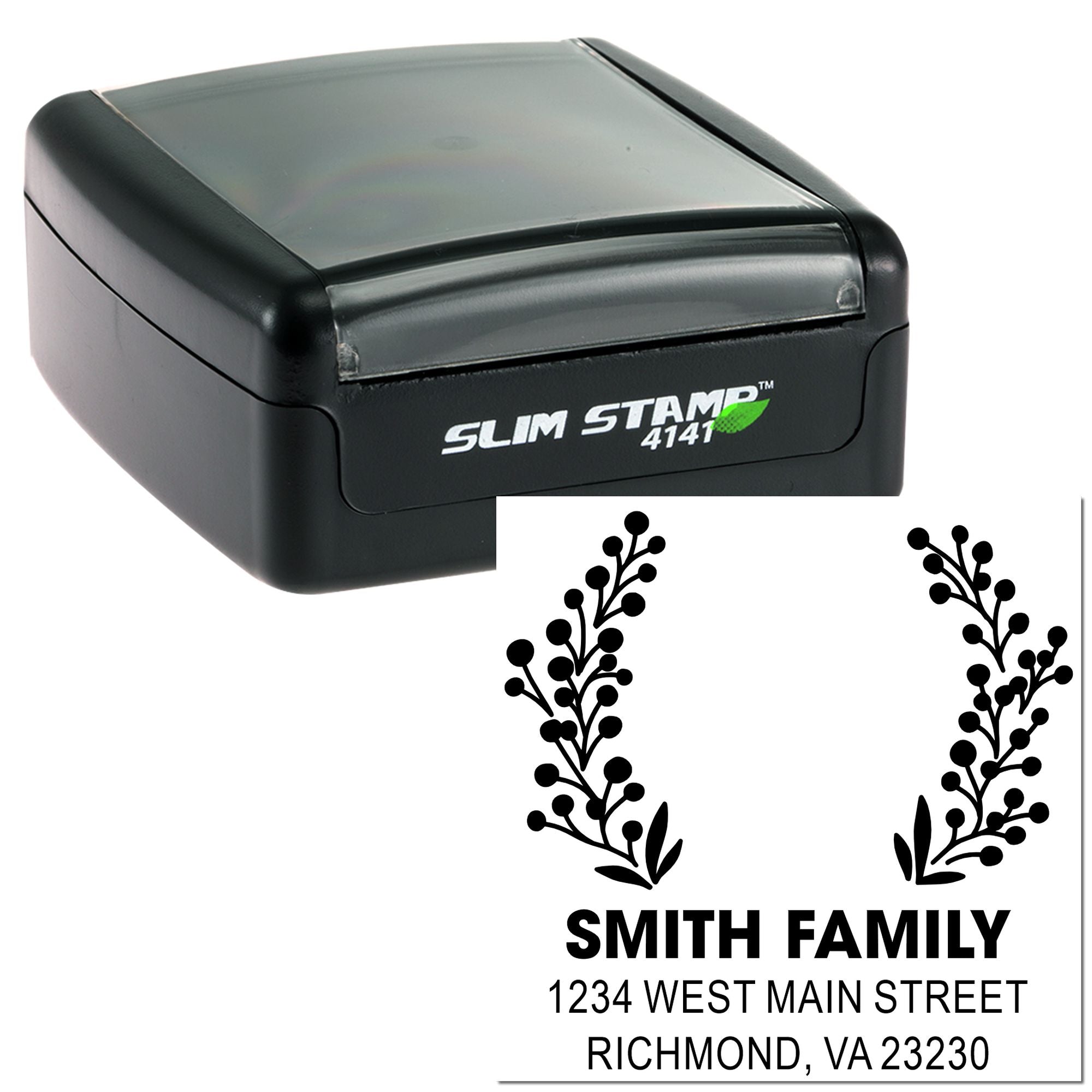 Custom self-inking rubber stamp with Smith Family address and decorative wreath design for return mailing labels.